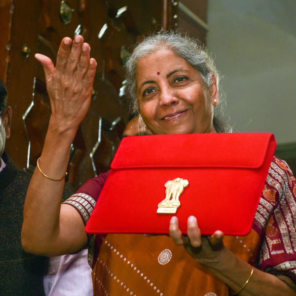 Union Minister of Finance Nirmala Sitharaman arrives at Parliament for the presentation of the Union Budget 2022-23.