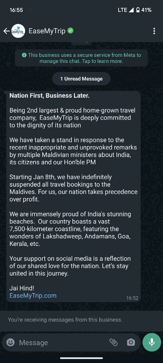 Screengrab of the same message received by another individual on Whatsapp.