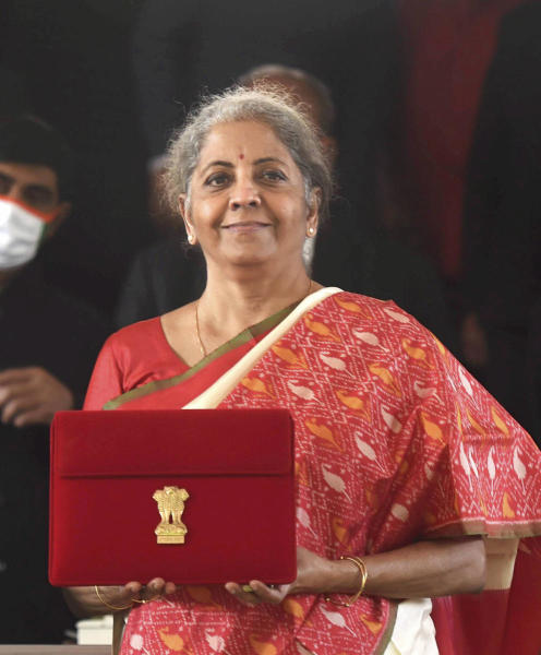 Finance Minister Nirmala Sitharaman holds a case containing a tablet device, during the Budget Session of the Parliament. (Union Budget 2021-2022)
