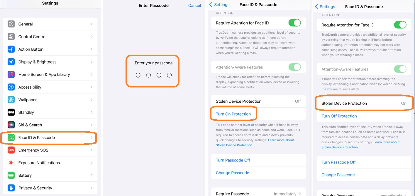 Steps to turn on Apple Stolen Device Protection feature on an iPhone.