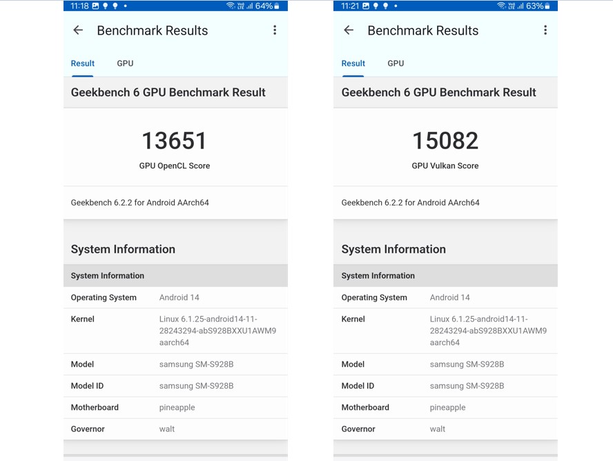 Samsung Galaxy S24 Ultra's GPU performance (OpenGL and Vulkan) score on Geekbench 6.0 app.