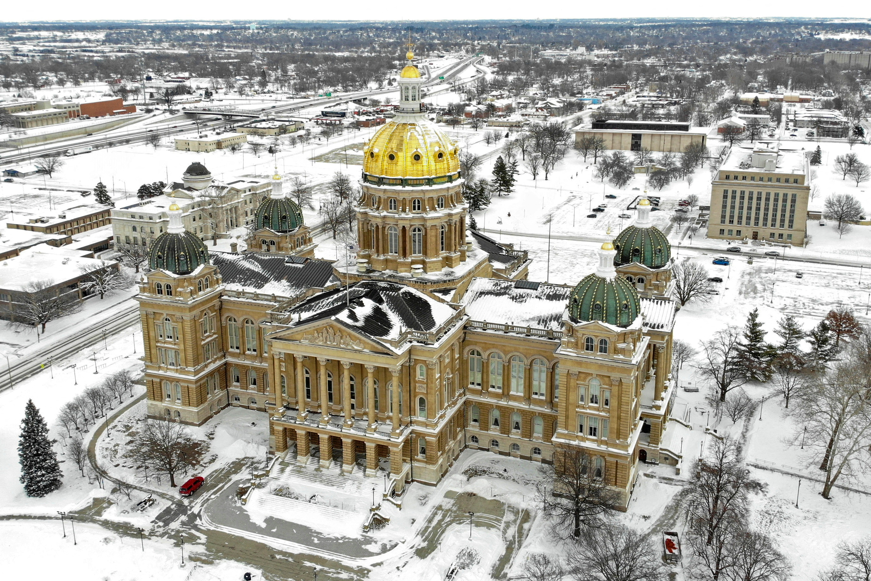 An aerial view of Iowa State Capitol covered in snow, ahead of Iowa state caucus vote, in Des Moines, Iowa.