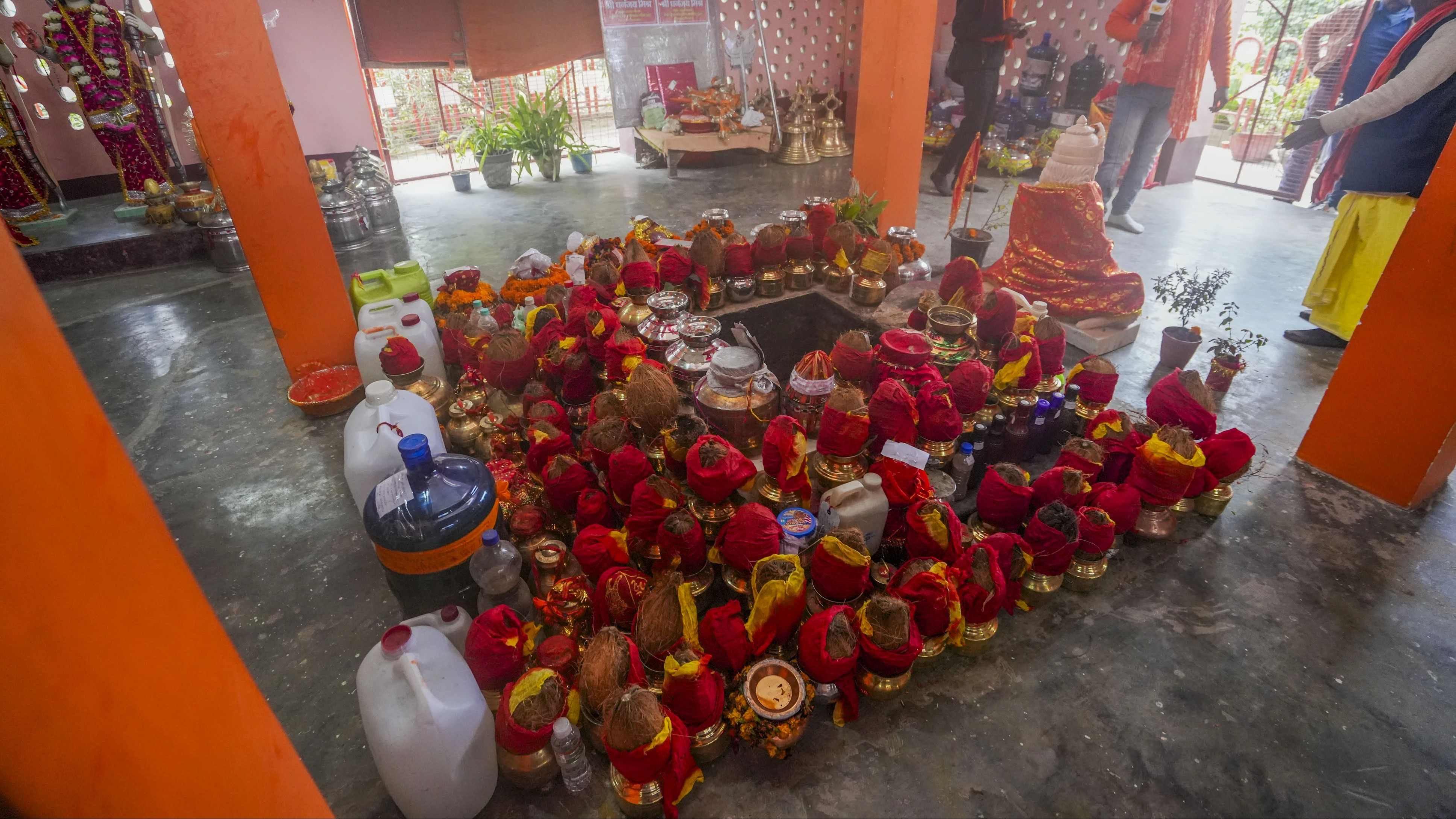 Jal (water) brought from different states at Karyashala, ahead of the consecration ceremony of Ram Mandir, in Ayodhya, Saturday, Jan. 20, 2024. 