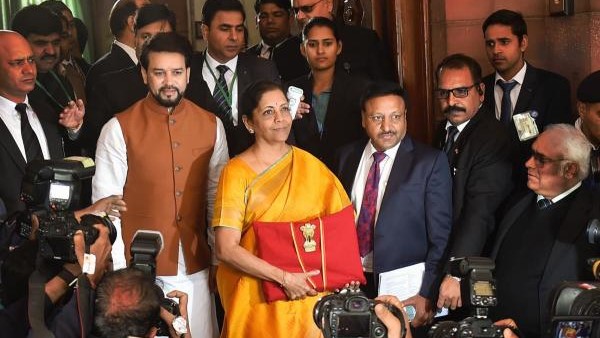 Union Finance Minister Nirmala Sitharaman arrives at Parliament to present the Union Budget 2020-21.