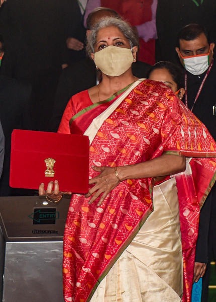 Finance Minister Nirmala Sitharaman holds a case containing a tablet device, during the Budget Session of the Parliament. (Union Budget 2021-2022)