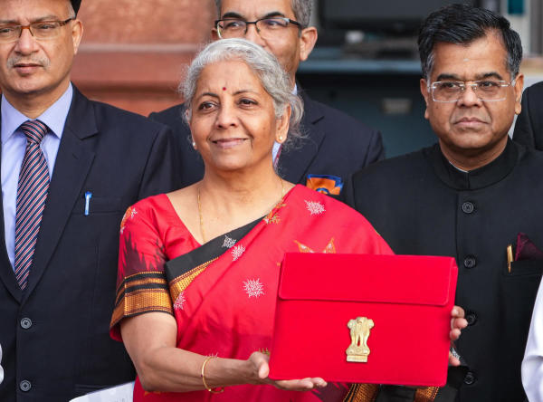Finance Minister Nirmala Sitharaman holds a case containing a tablet device, during the Budget Session of the Parliament. (Union Budget 2023-2024)