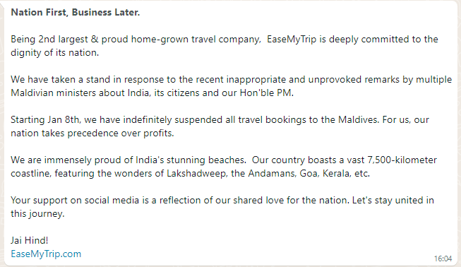 Screenshot of Whatsapp message from EaseMyTrip.