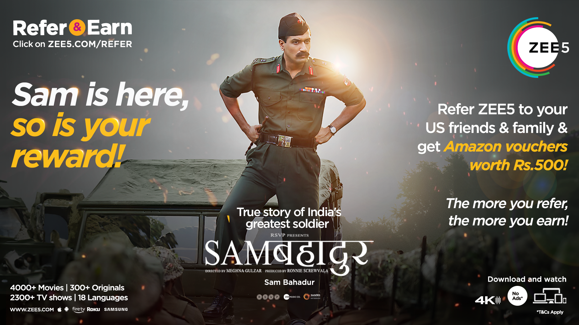 Sam Is Here Is And So Is Your Reward! ZEE5 Global's 'Refer And Earn' Campaign Now Lets You Introduce Sam Bahadur And Other Blockbusters To Your US Connections And Win Amazon Vouchers! 