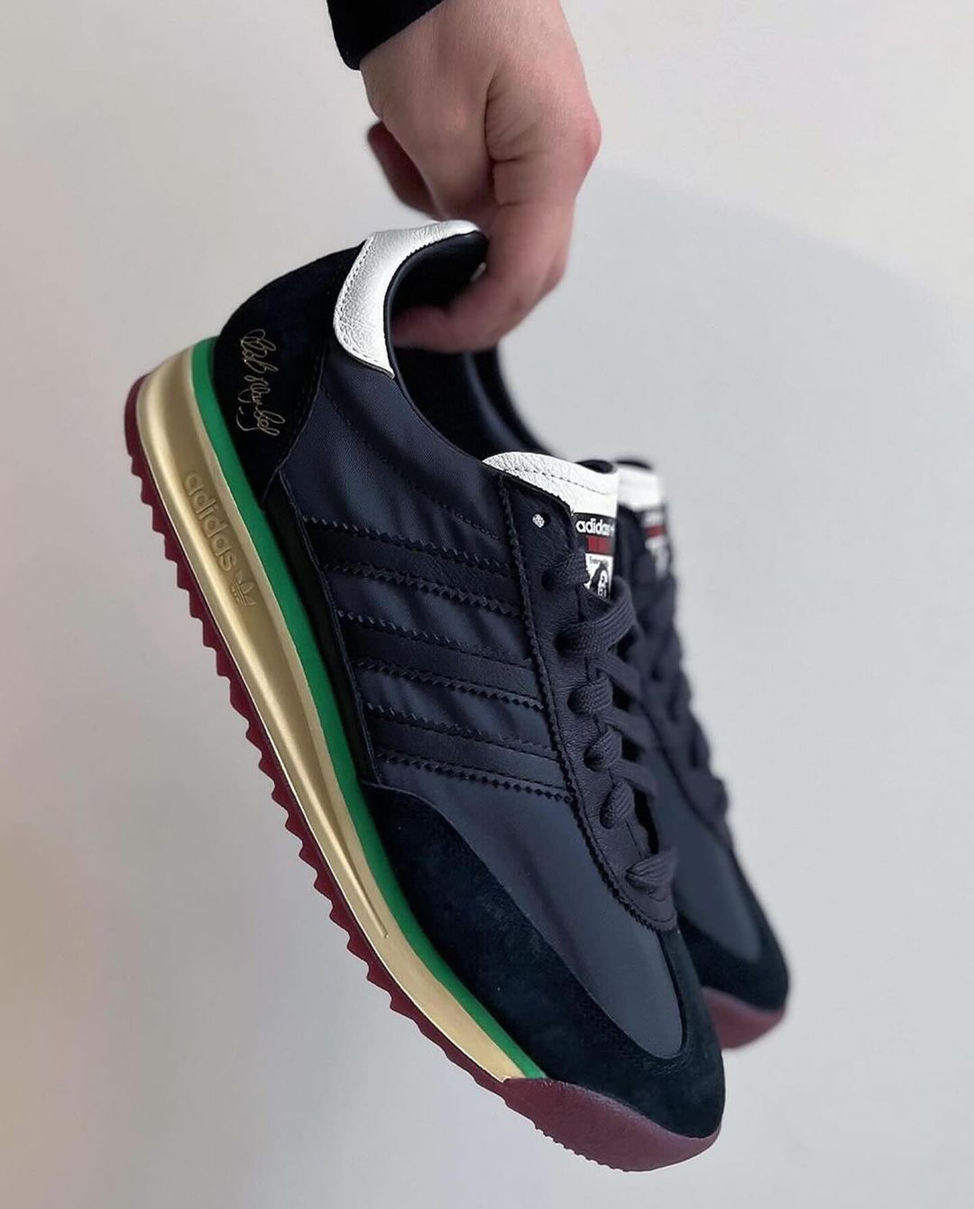 An image of the new line of Bob Marley x Adidas SL 72 sneakers.
