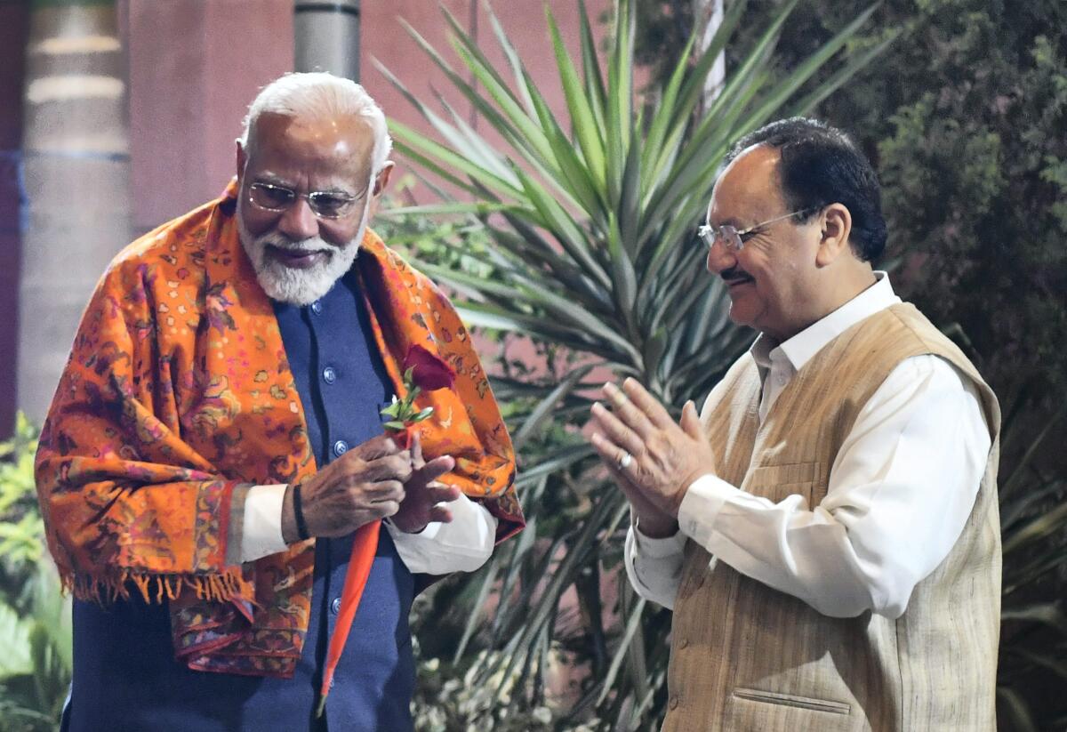 PM Modi being received by BJP National President JP Nadda upon his arrival for the BJP's Central Election Committee (CEC) meeting.
