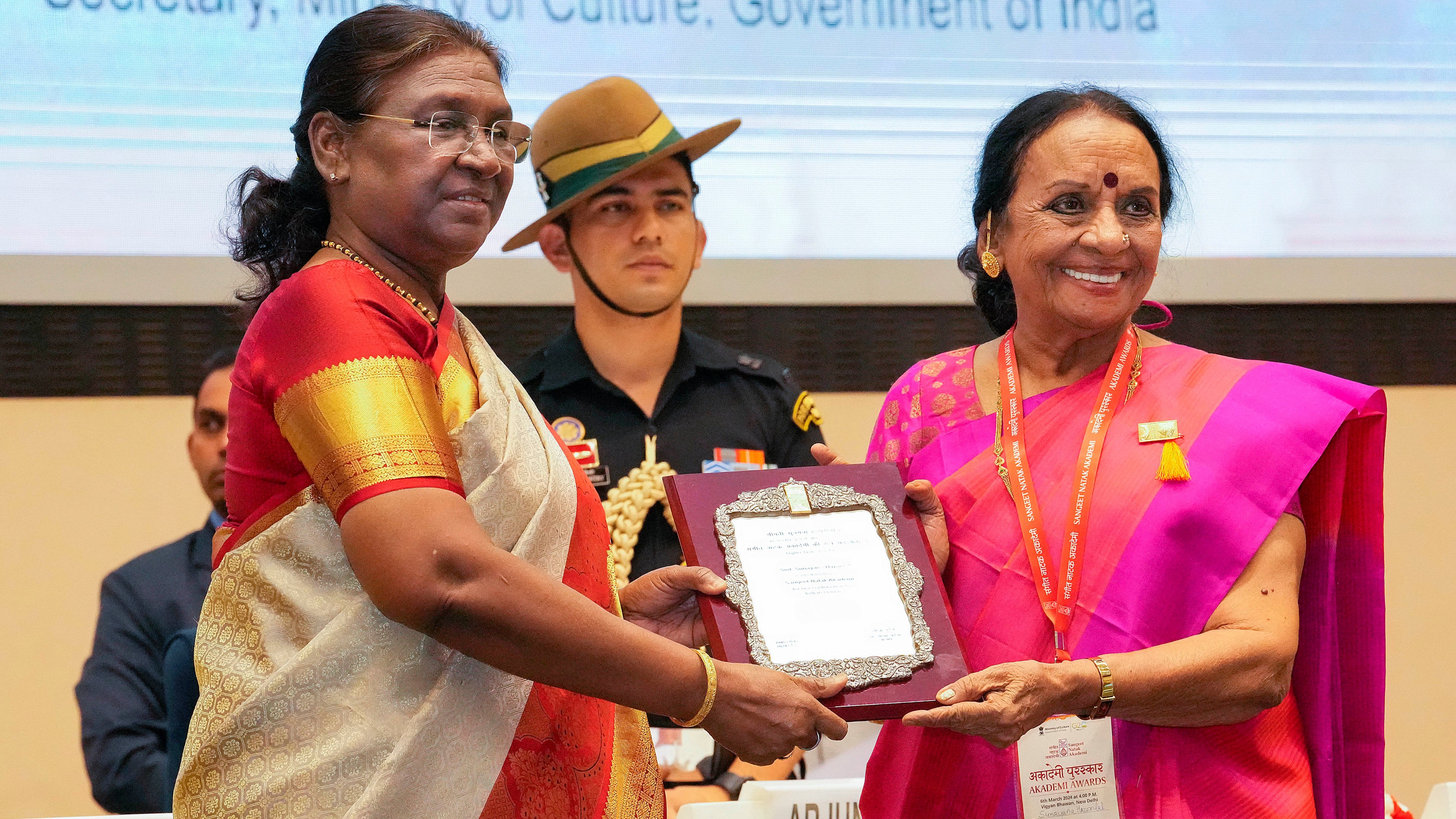 President Droupadi Murmu presents a fellowship of Sangeet Natak Akademi to Sunayana Hazarilal during the presentation of Sangeet Natak Akademi Fellowships and Awards for the years 2022 and 2023 at Vigyan Bhavan, in New Delhi, Wednesday, March 6.