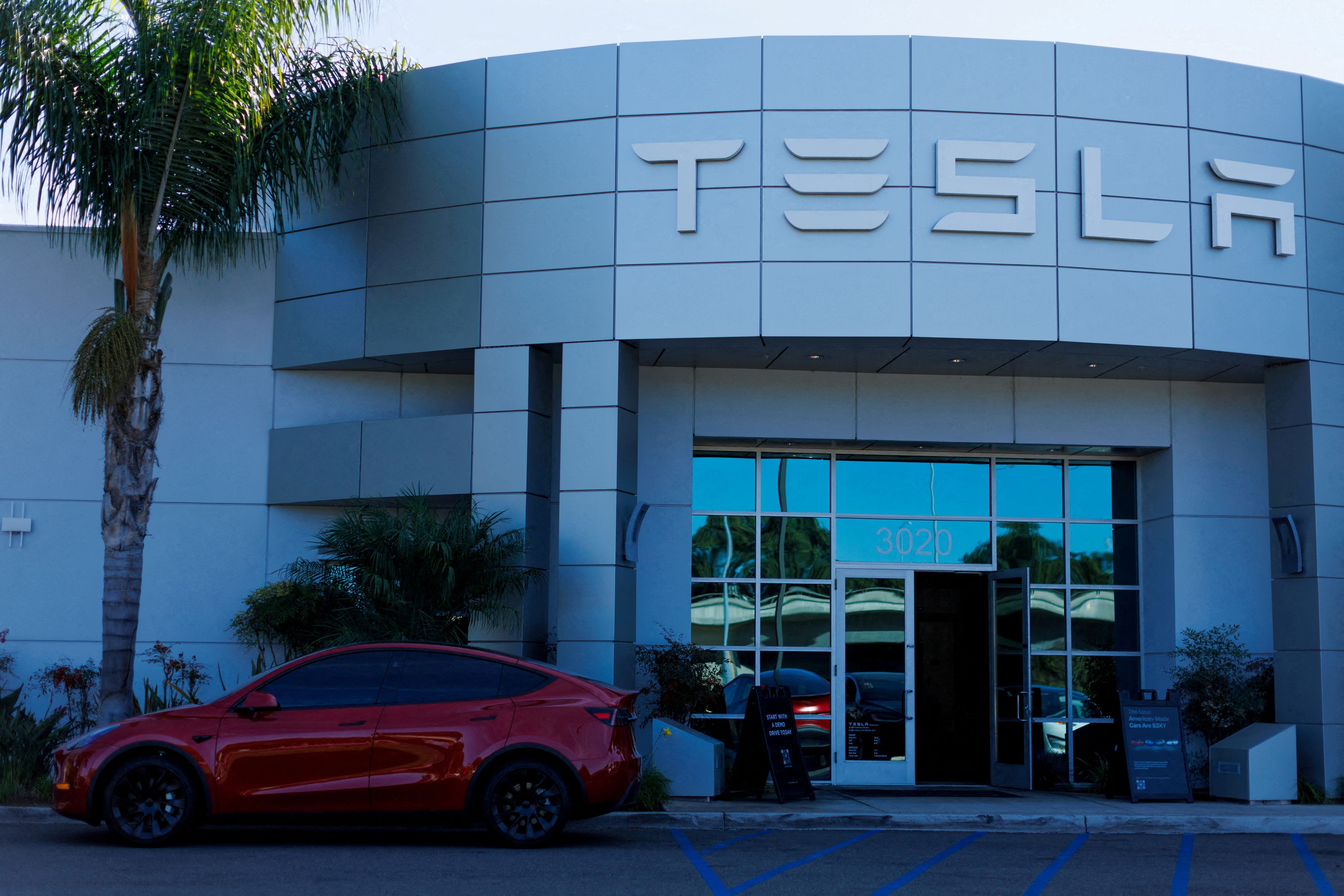 FILE PHOTO: Tesla Inc. vehicle facility is pictured in Costa Mesa California U.S. November 1 2023. 