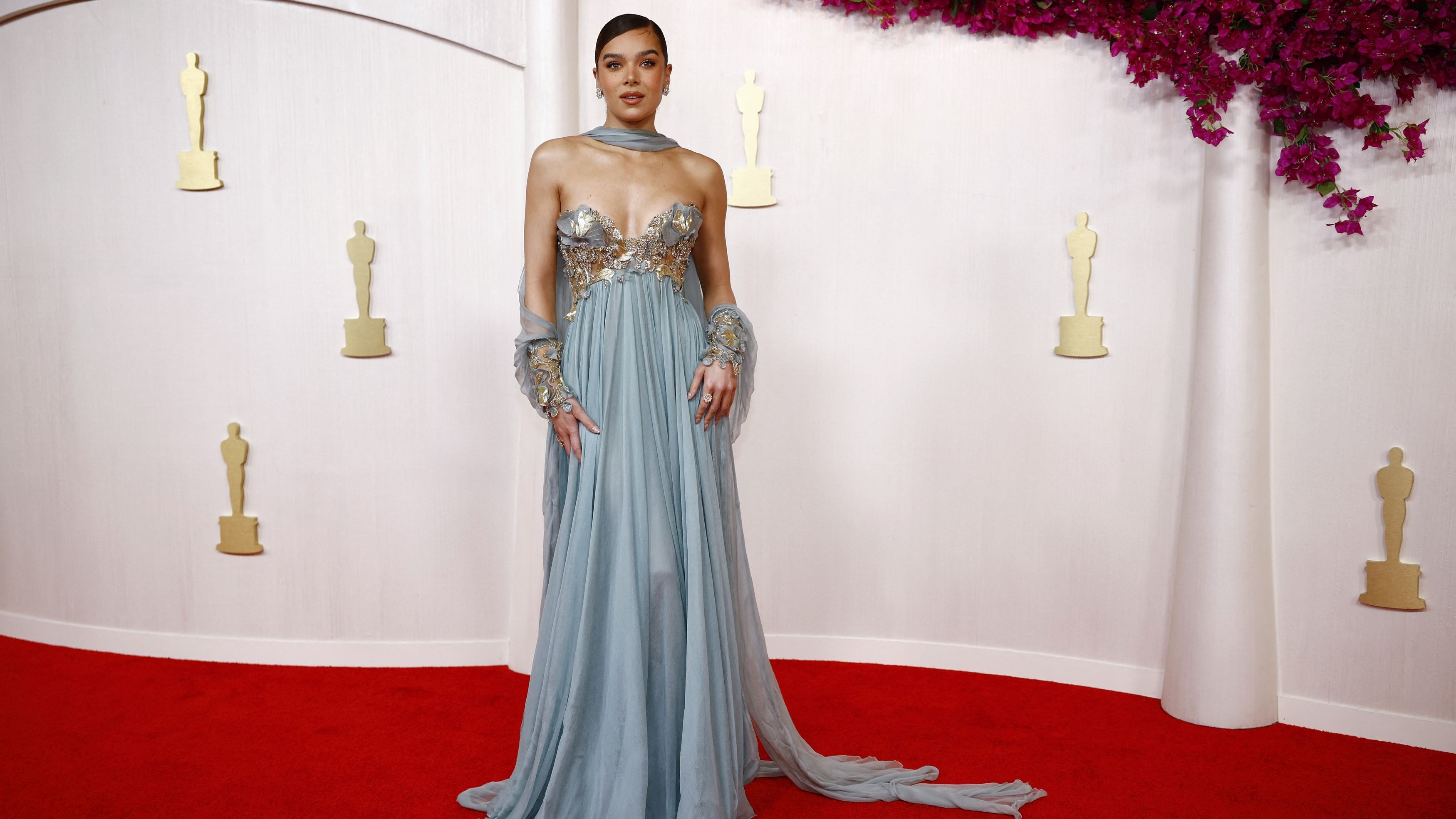 Hailee Steinfeld wore a gauzy aqua Elie Saab gown.