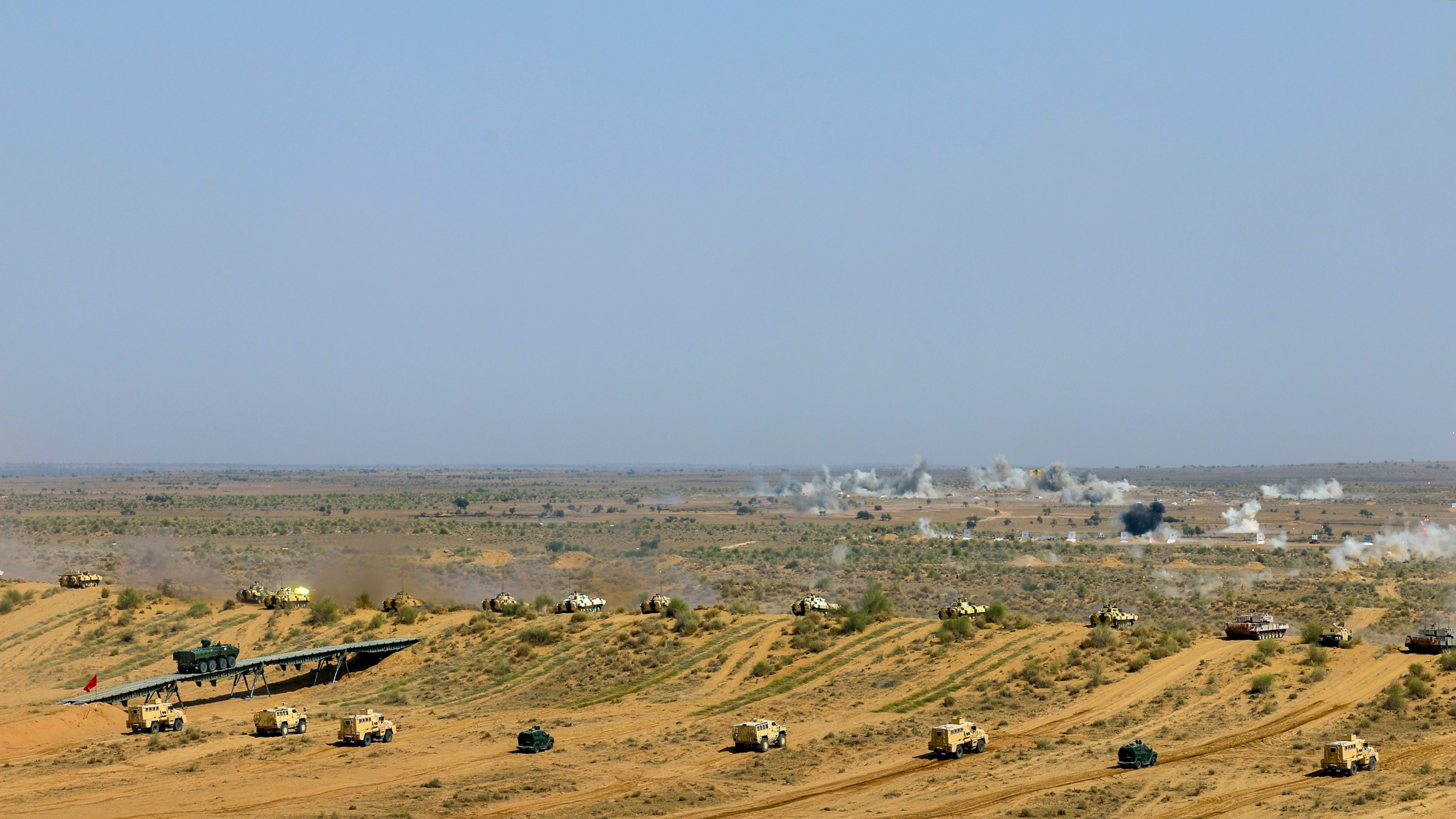 Indian military vehicles during the 'Bharat Shakti' exercise at Pokhran, Rajasthan.
