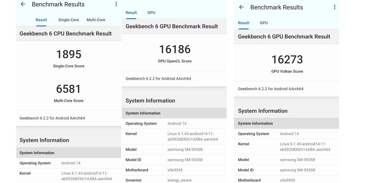 Samsung Galaxy S24 Plus' CPU and GPU performance score on Geekbench 6.0 app.