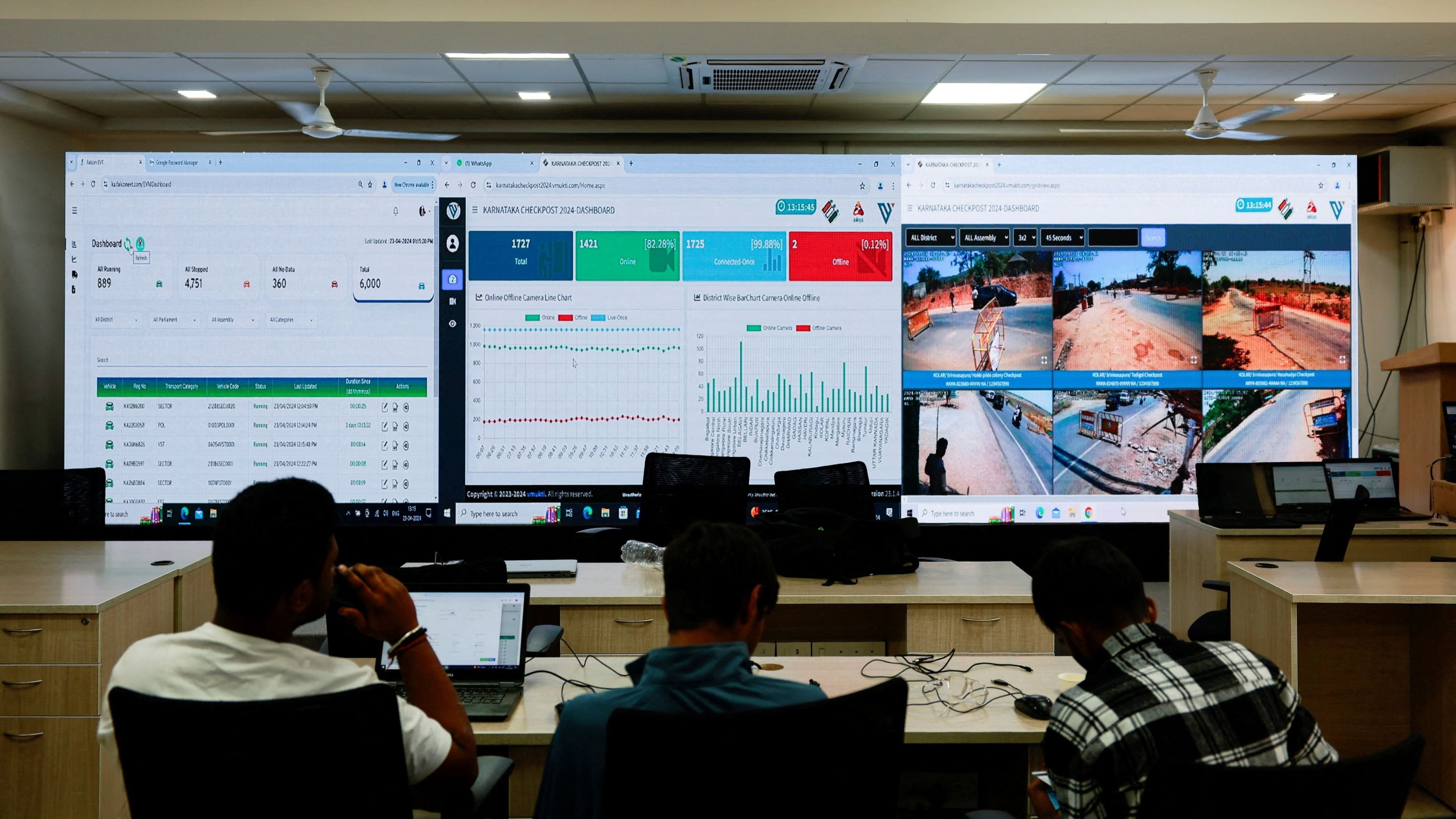 Officials in the monitoring room ahead of the second phase of the general election at the Office of the Chief Electoral Officer, Bengaluru.