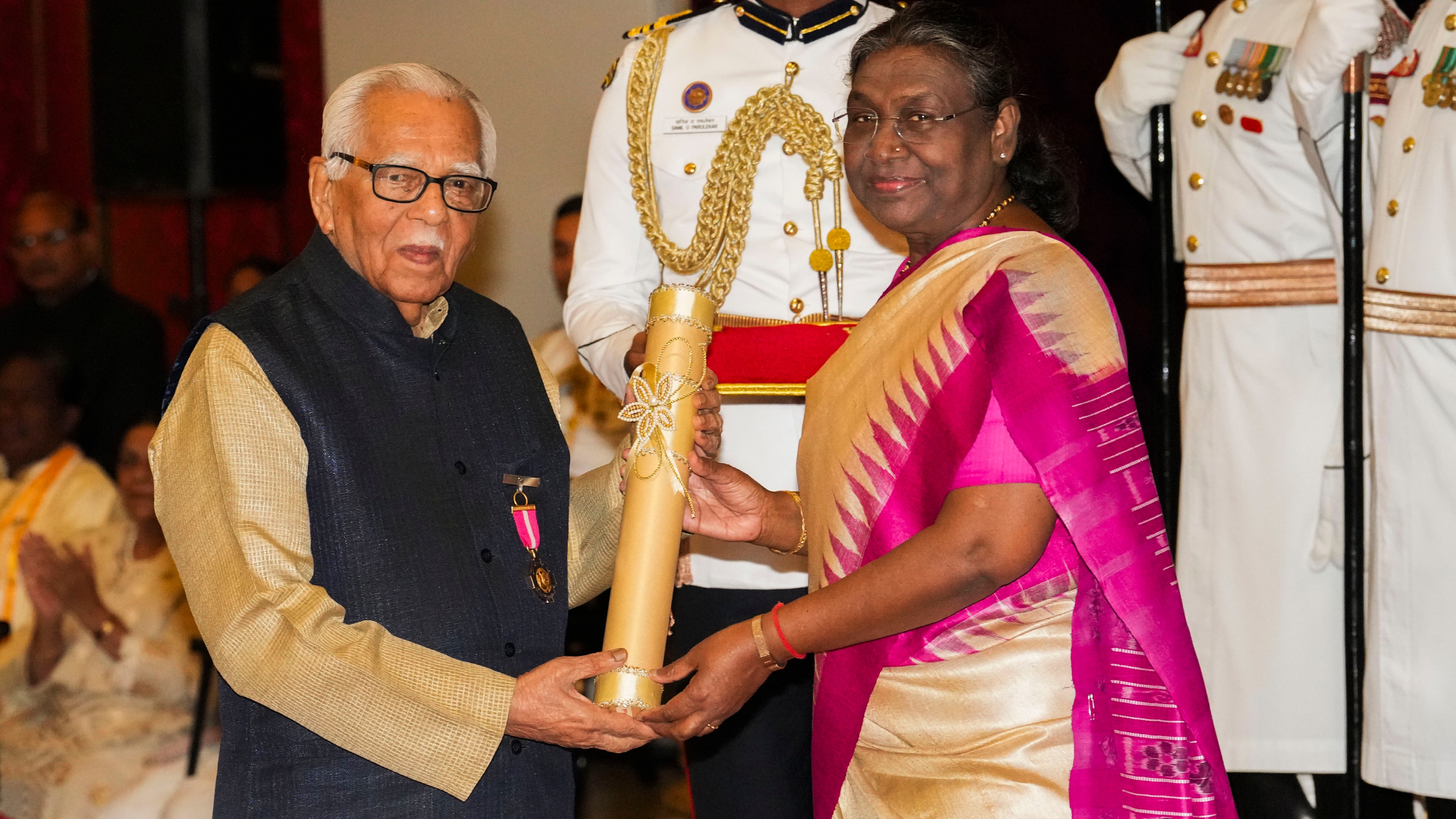 President Droupadi Murmu confers Padma Bhushan on former governor of Uttar Pradesh Ram Naik in the field of Public Affairs during the Padma Awards 2024 ceremony at Rashtrapati Bhavan, in New Delhi.
