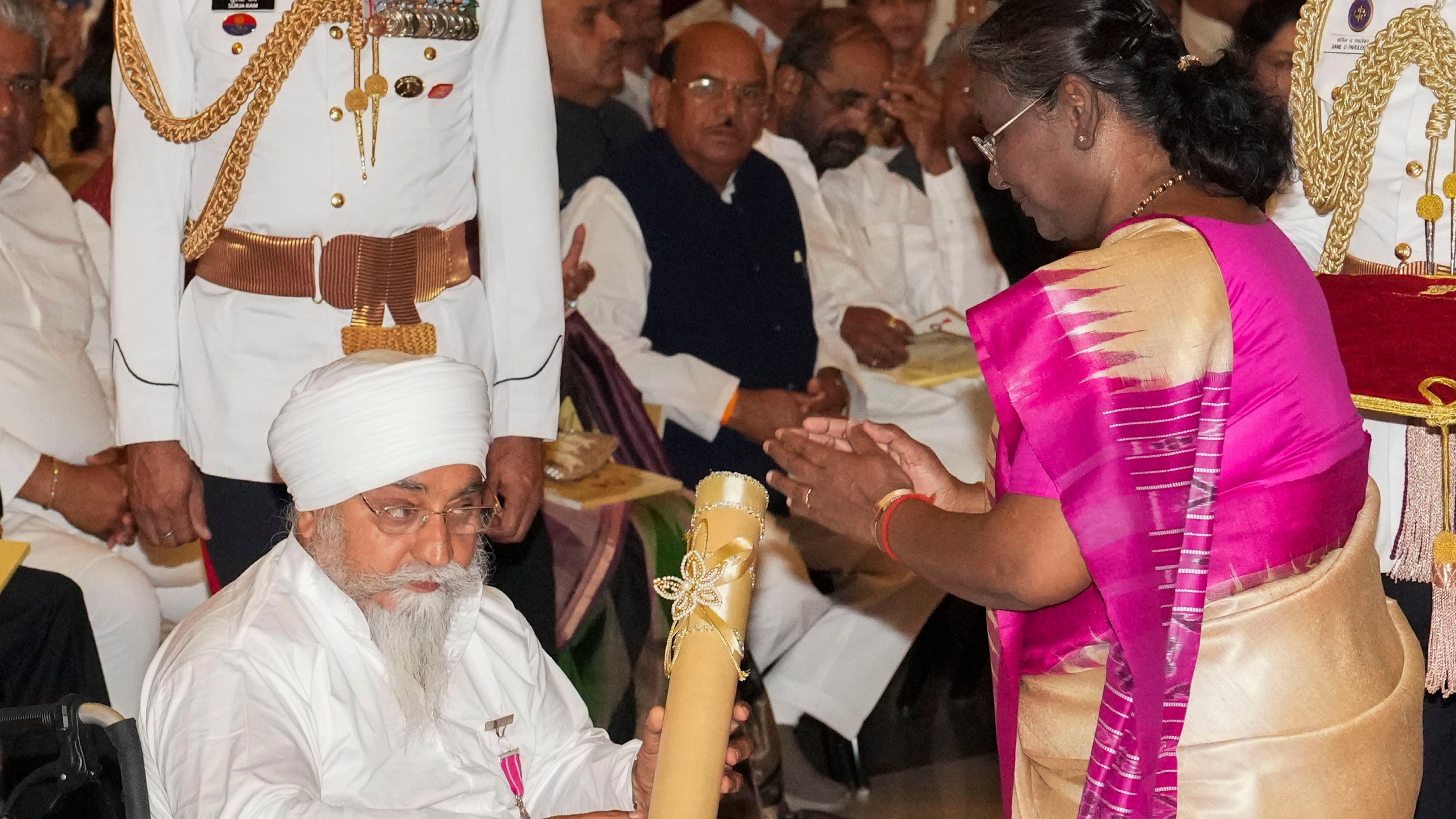 President Droupadi Murmu confers Padma Shri on Gurvinder Singh during the Padma Awards 2024 ceremony at Rashtrapati Bhavan, in New Delhi.
