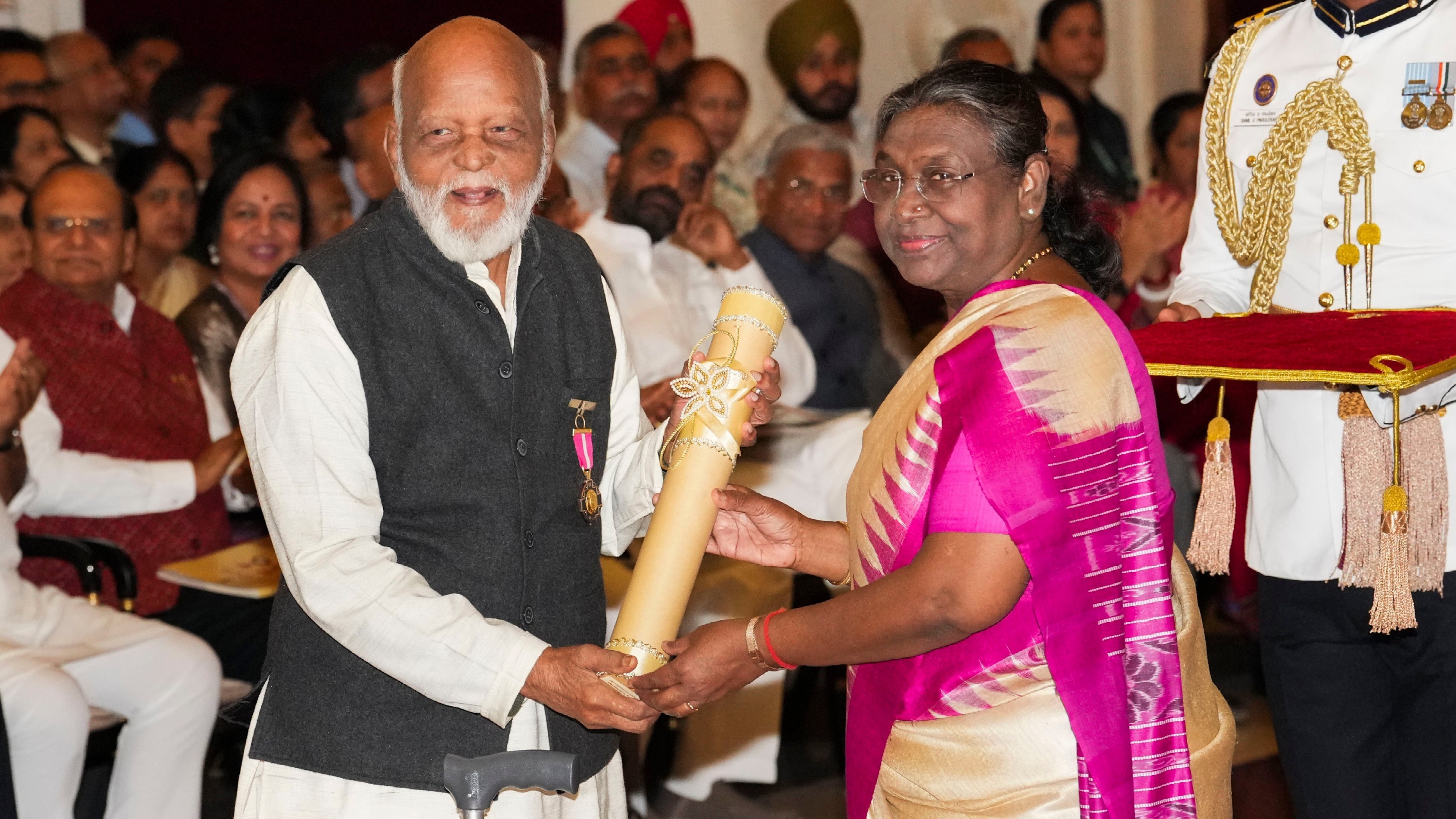 President Droupadi Murmu confers Padma Bhushan on film director Dattatray Ambadas Mayaloo alias Rajdutt in the field of Art during the Padma Awards 2024 ceremony at Rashtrapati Bhavan, in New Delhi.