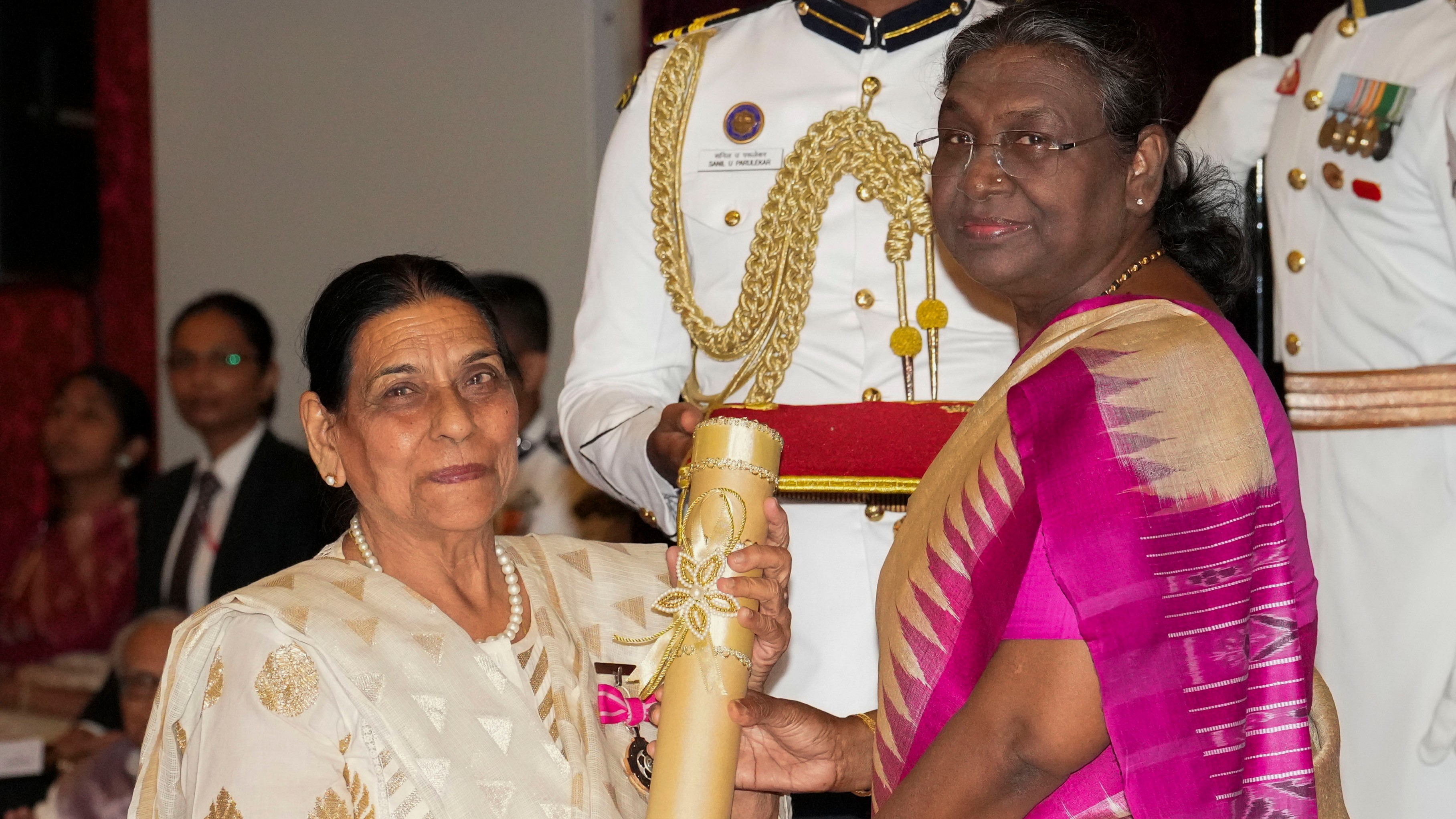 President Droupadi Murmu confers Padma Shri on actor Nirmal Rishi during the Padma Awards 2024 ceremony at Rashtrapati Bhavan, in New Delhi.