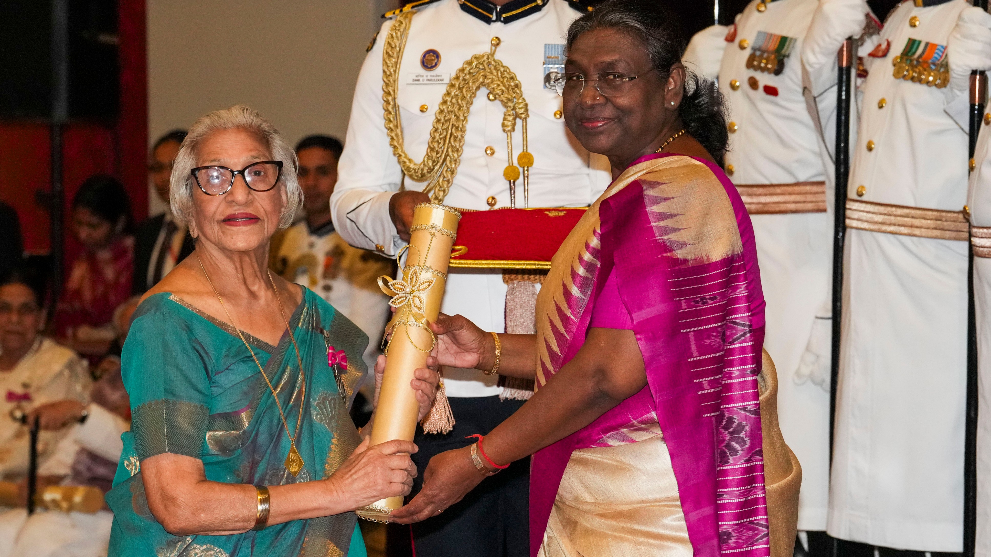 President Droupadi Murmu confers Padma Shri on Maya Tandon in the field of Social Work during the Padma Awards 2024 ceremony at Rashtrapati Bhavan, in New Delhi.