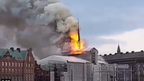 Fire breaks out at Copenhagen's historic stock exchange, spire collapses