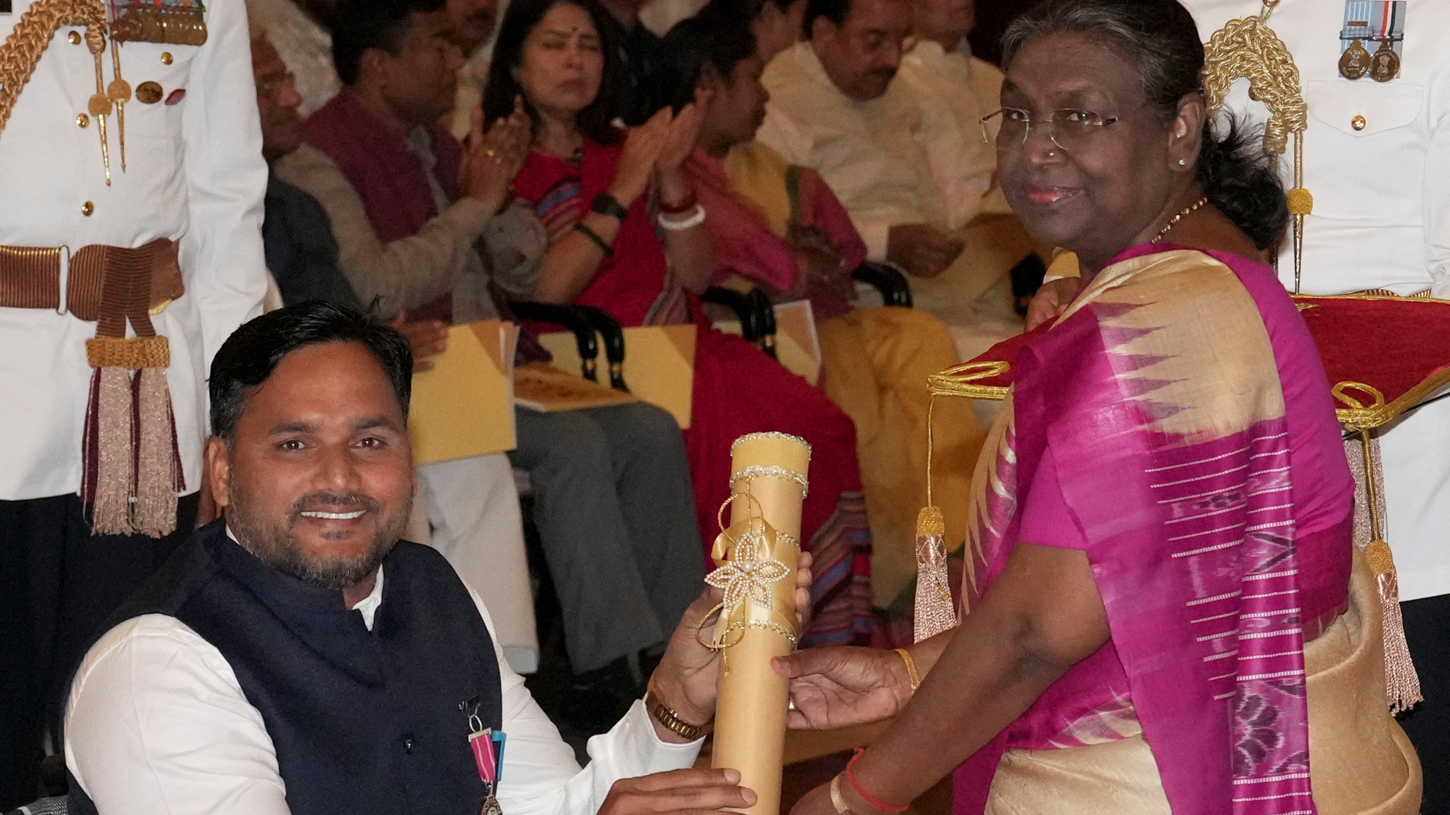 President Droupadi Murmu confers Padma Shri on Para-Swimmer Satendra Singh Lohia during the Padma Awards 2024 ceremony at Rashtrapati Bhavan, in New Delhi.