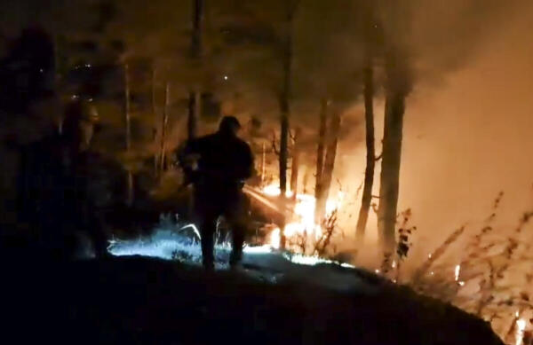 Firefighters try to douse the flames after a fire broke out in a forest area, in Almora, Uttarakhand.