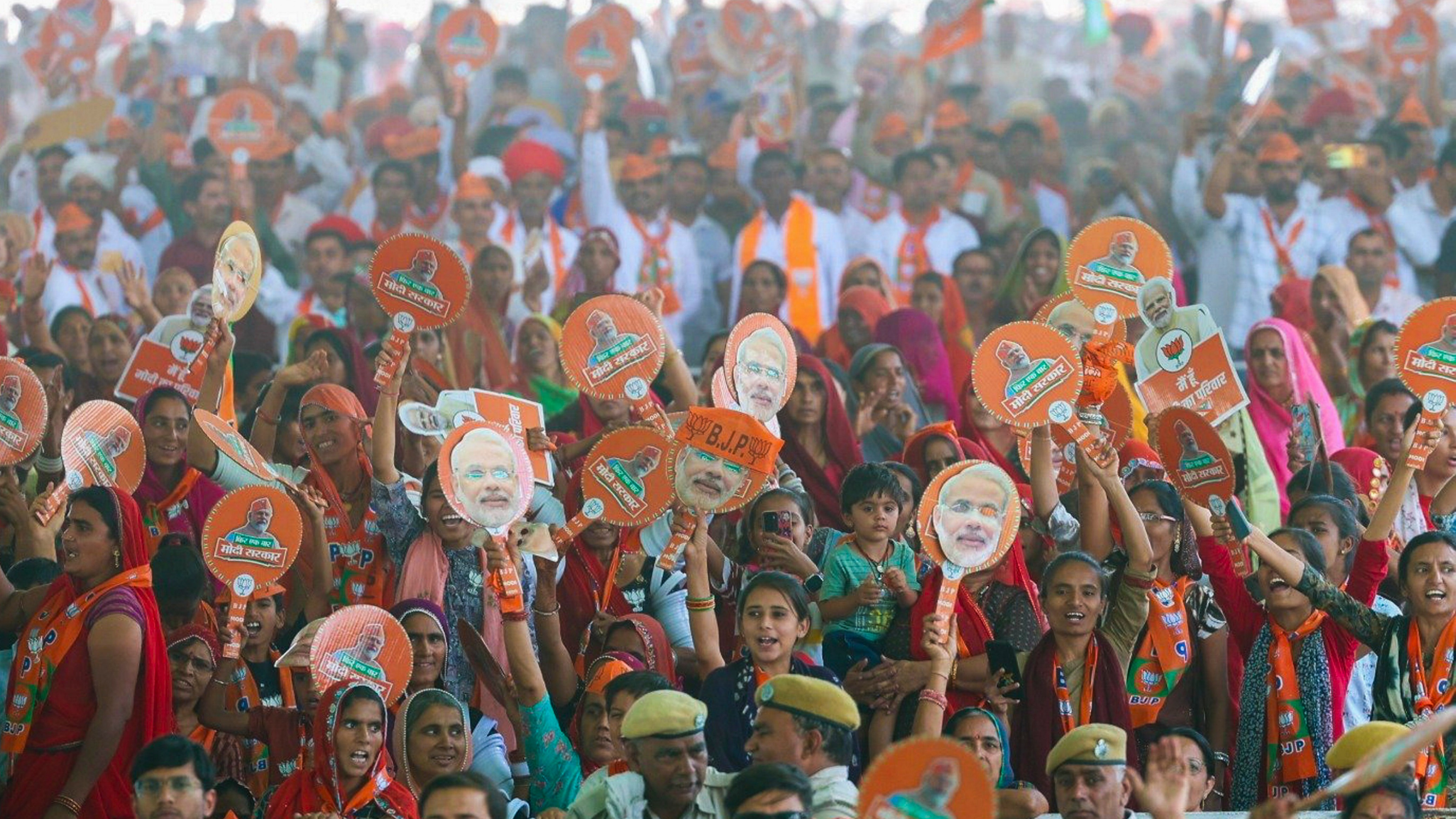 BJP supporters during a public meeting of Prime Minister Narendra Modi, in Jalore, Rajasthan.