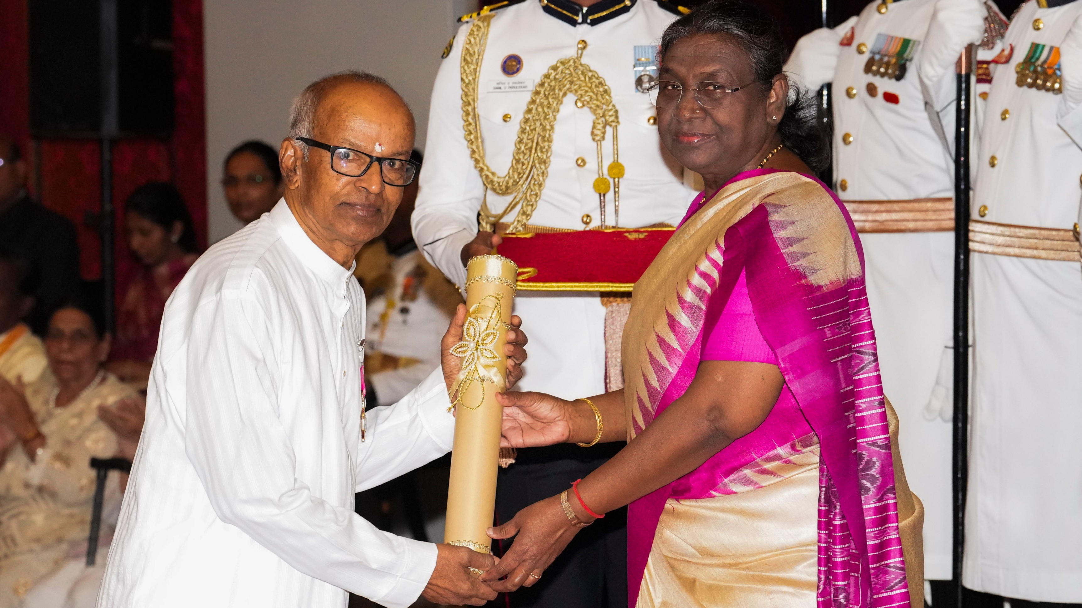 President Droupadi Murmu confers Padma Shri on dancer Sadanam PV Balakrishnan in the field of Art during the Padma Awards 2024 ceremony at Rashtrapati Bhavan, in New Delhi.