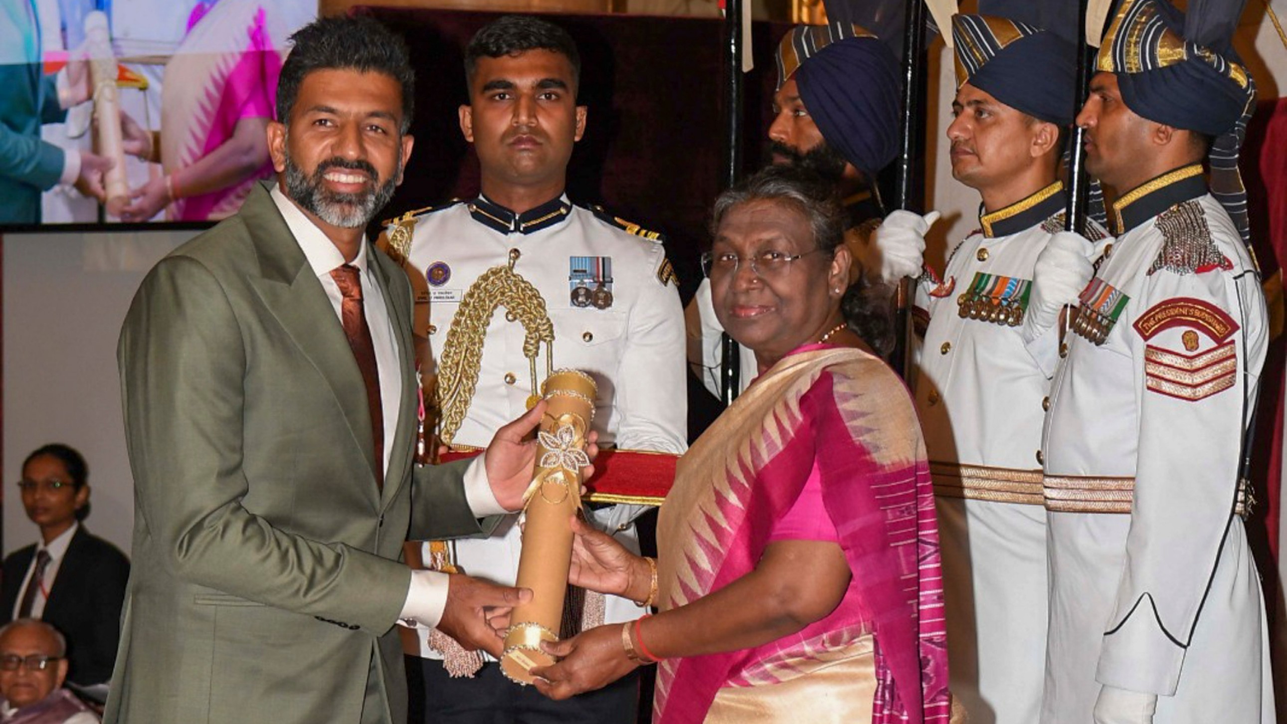 President Droupadi Murmu confers Padma Shri on tennis player Rohan Bopanna in Sports field during the Padma Awards 2024 ceremony at Rashtrapati Bhavan, in New Delhi.