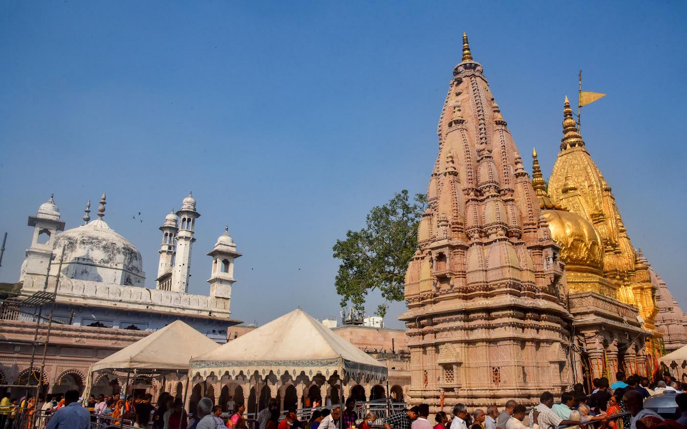The Gyanvapi mosque complex as seen from the Kashi Vishwanath temple. 
