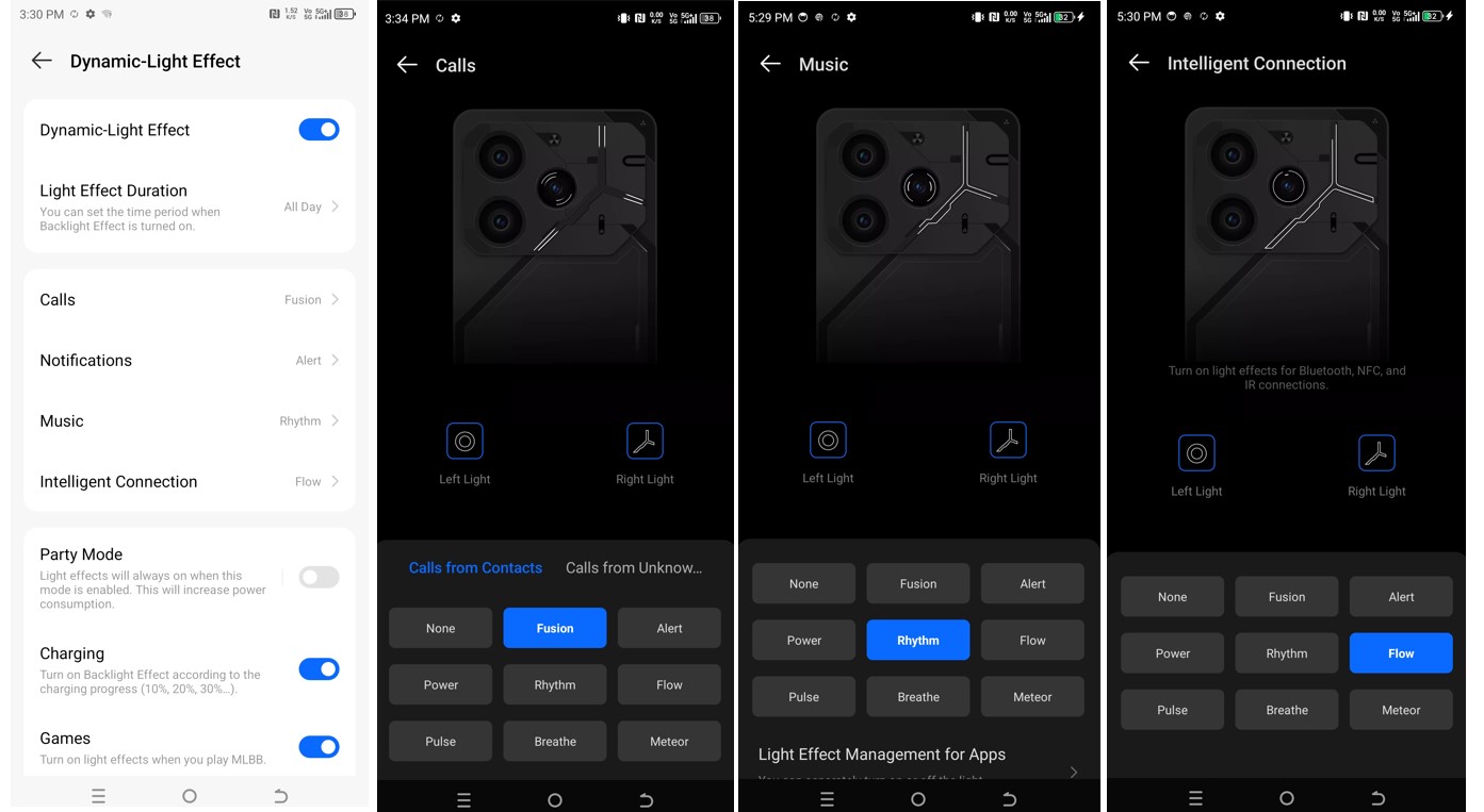 Tecno Pova 6 Pro's dynamic light notification feature's customisation options.