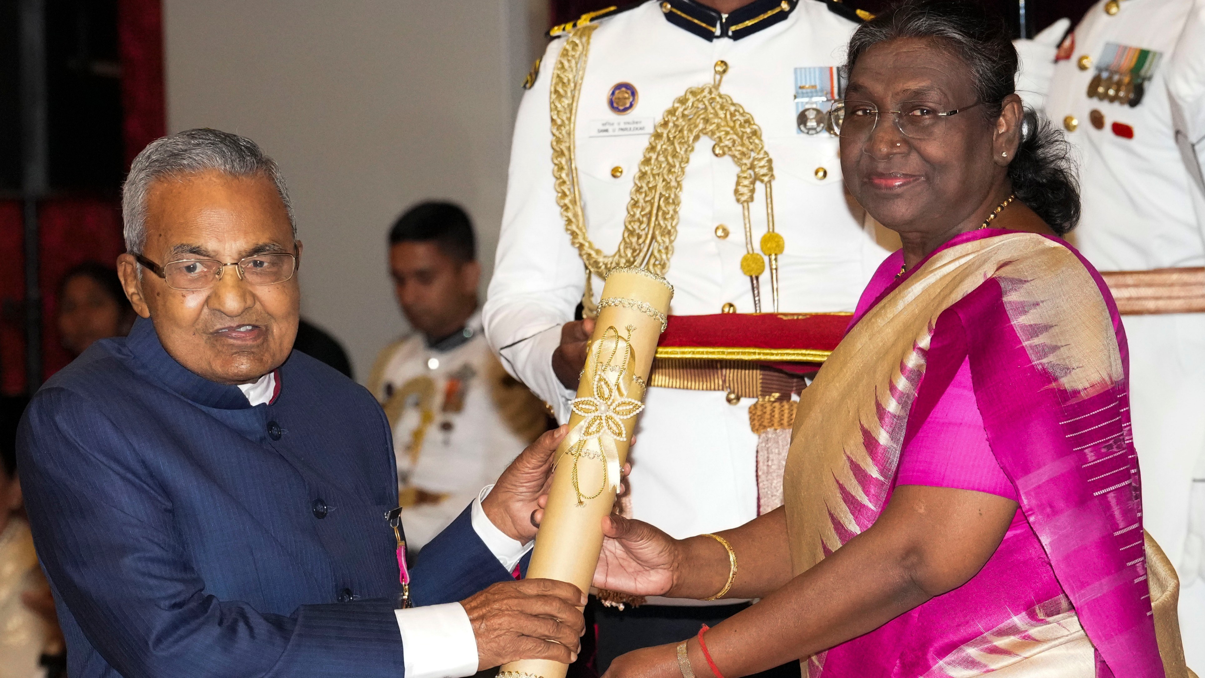 President Droupadi Murmu confers Padma Bhushan onSitaram Jindal during the Padma Awards 2024 ceremony at Rashtrapati Bhavan, in New Delhi.
