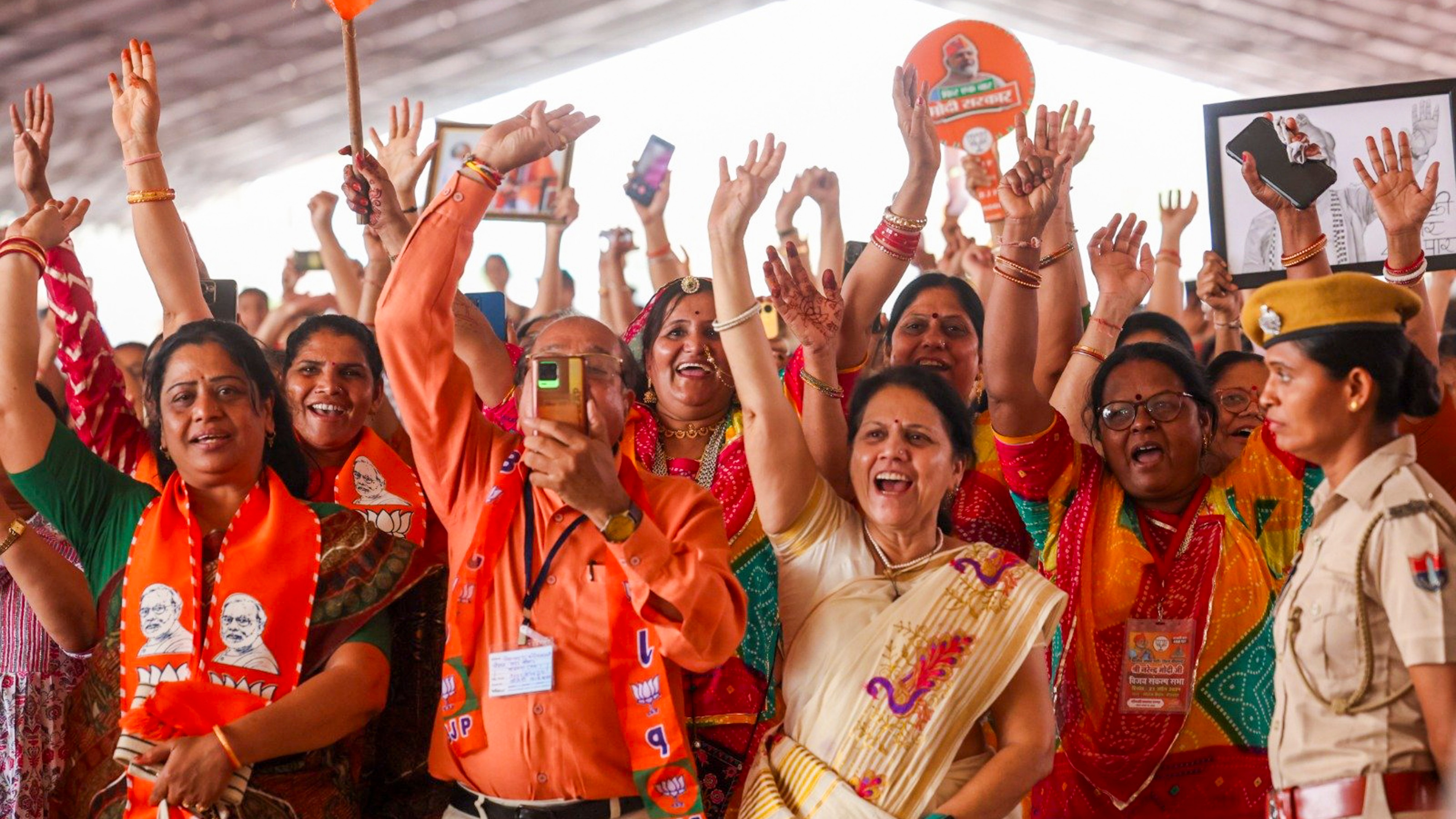 BJP supporters during a public meeting of Prime Minister Narendra Modi, in Jalore, Rajasthan.