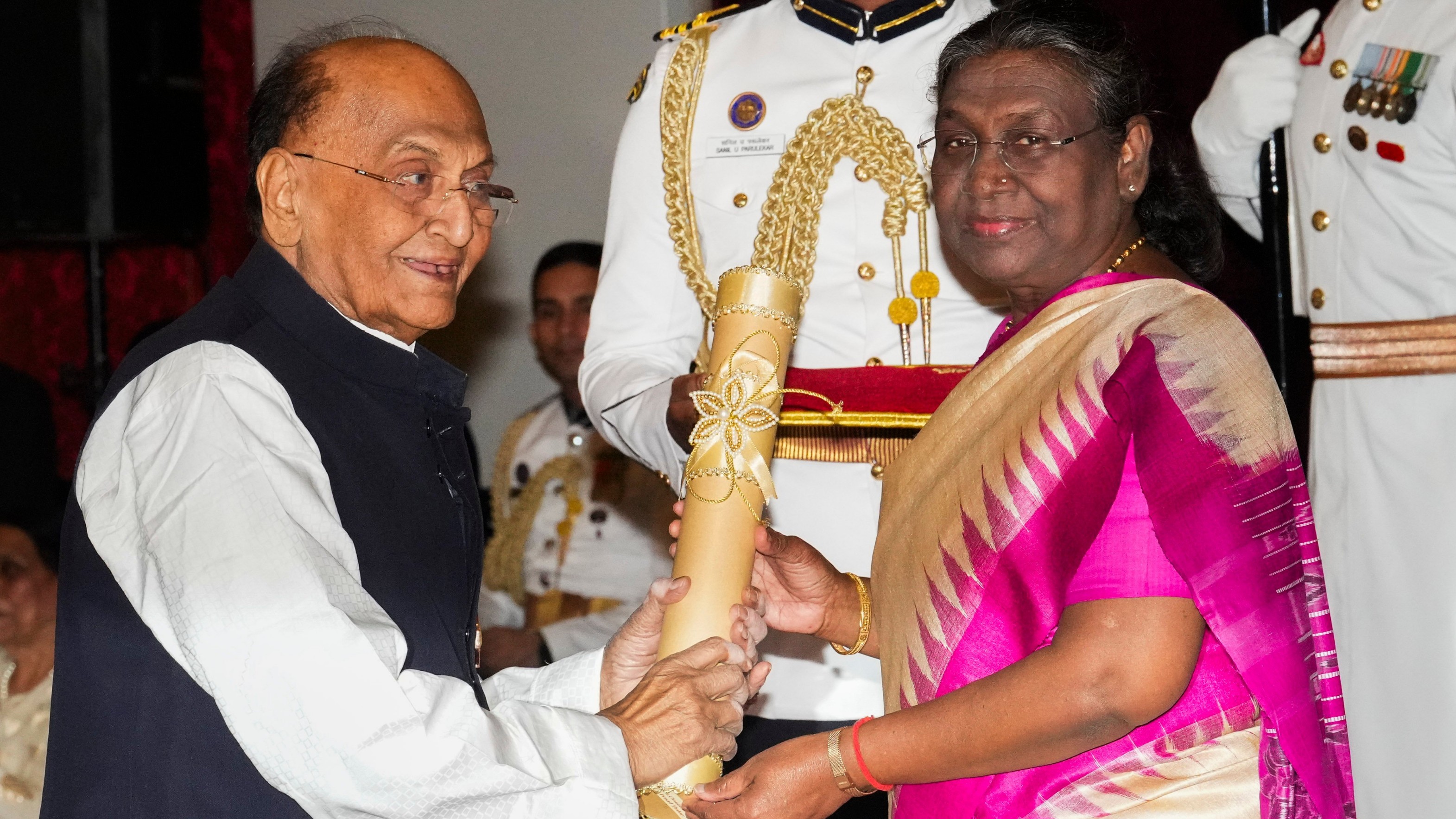 President Droupadi Murmu confers Padma Bhushan on former union minster CP Thakur in the field of Medicine during the Padma Awards 2024 ceremony at Rashtrapati Bhavan, in New Delhi.