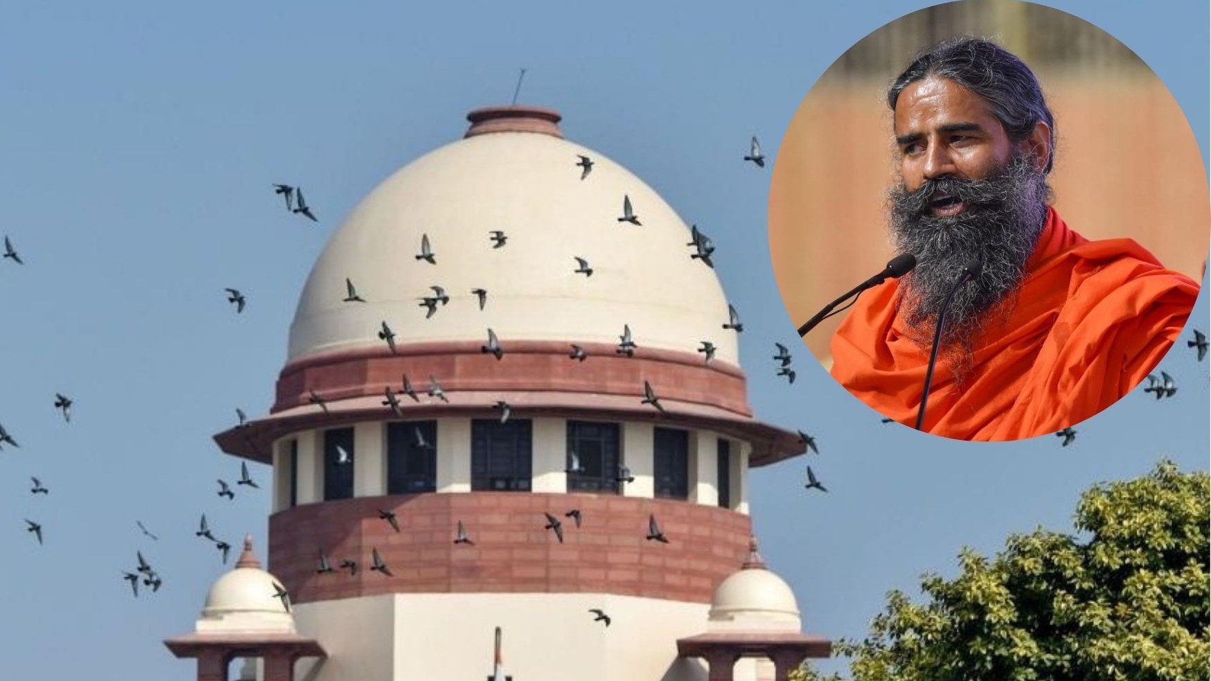 An illustration showing the Supreme Court of India and Baba Ramdev.