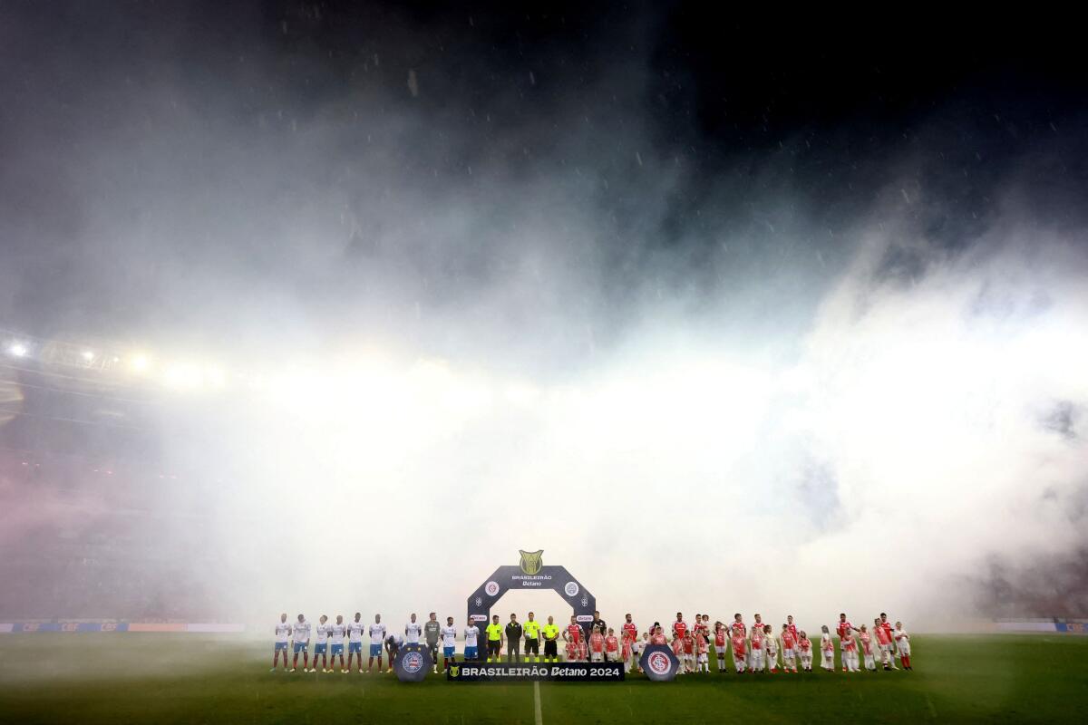 Brasileiro Championship - Internacional v Bahia - Estadio Beira-Rio, Porto Alegre, Brazil - April 13, 2024 Players and officials lineup before the match