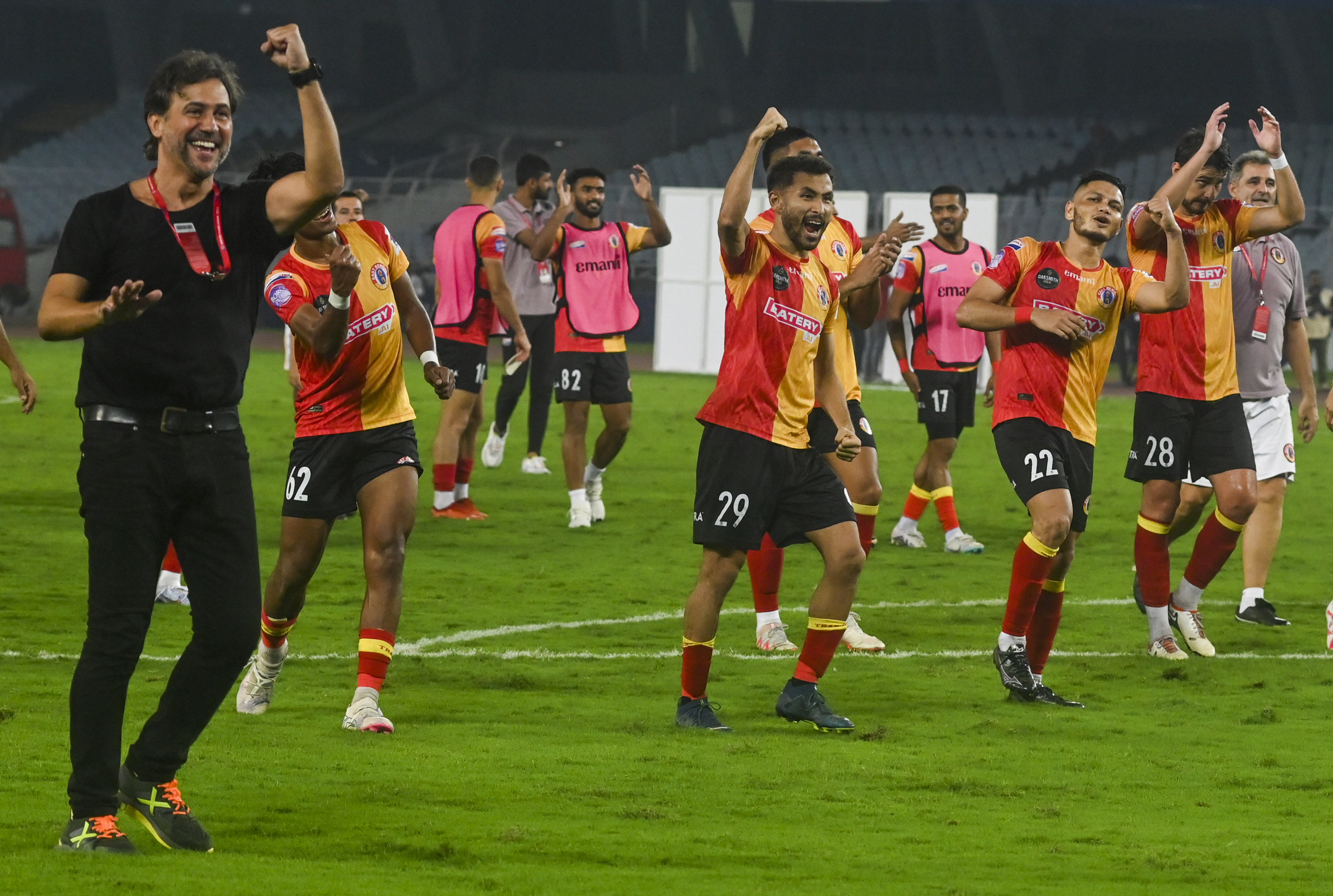 East Bengal FC players celebrate after beating Bengaluru Football Club in the Indian Super Legue(ISL) 2023-24 match at Vivekananda Yuba Bharati Krirangan, in Kolkata, on Sunday.