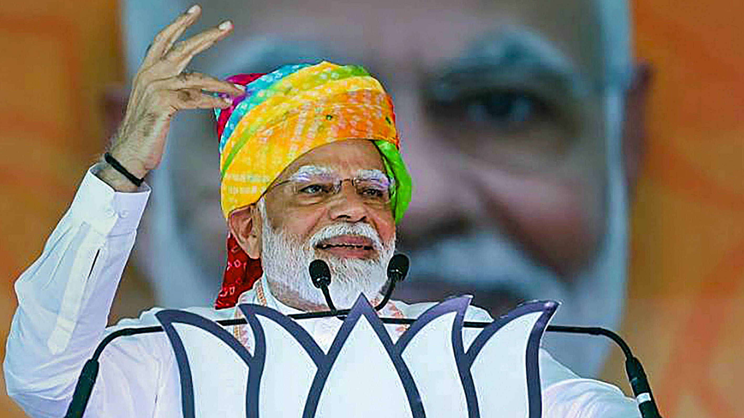 Prime Minister Narendra Modi addresses a public meeting ahead of Lok Sabha elections, at Bhinmal in Jalore, Rajasthan.