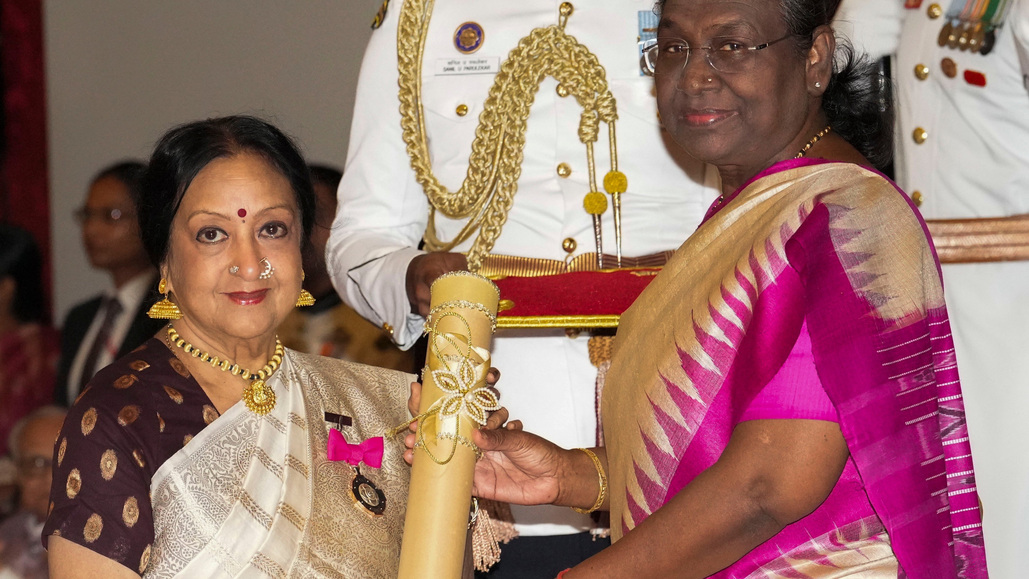 President Droupadi Murmu confers Padma Bhushan on Padma Subhramanyam during the Padma Awards 2024 ceremony at Rashtrapati Bhavan, in New Delhi.