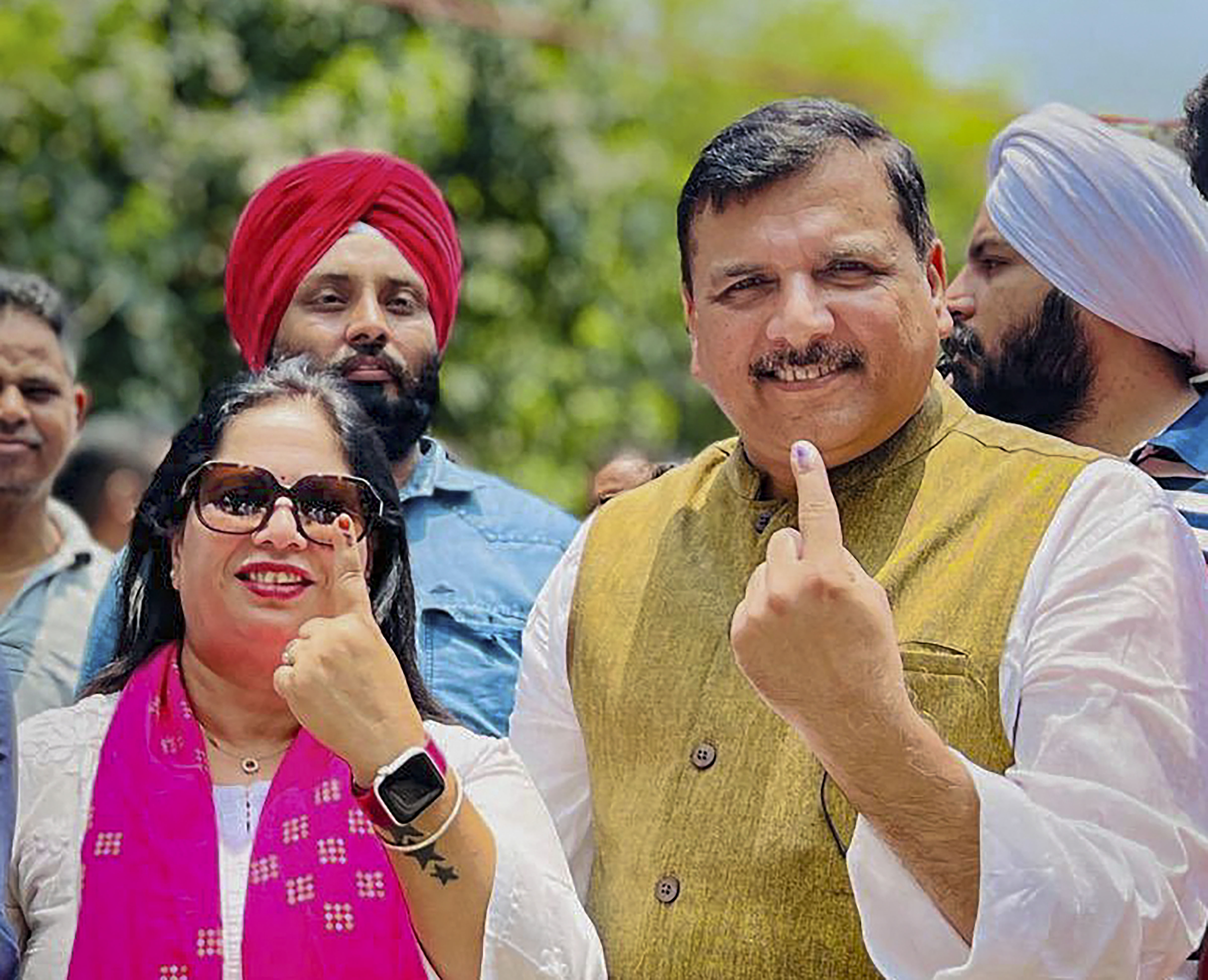 AAP leader Sanjay Singh after casting his vote at a polling booth during the sixth phase of Lok Sabha elections, in New Delhi, on Saturday.