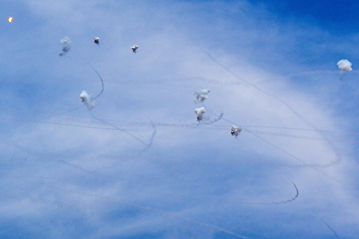 Israel's Iron Dome anti-missile system intercepts rockets launched from Lebanon, amid ongoing cross-border hostilities between Hezbollah and Israeli forces, as seen from the Hula Valley in northern Israel, May 23, 2024.