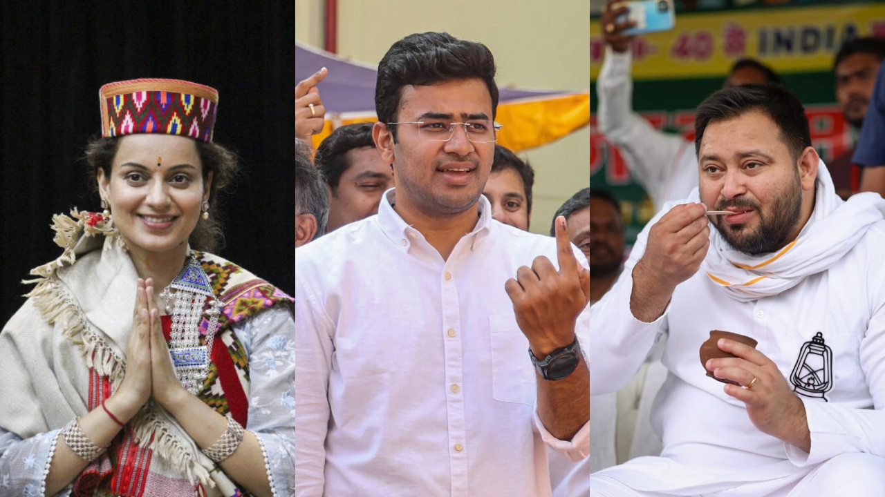 BJP candidate Kangana Ranaut, BJP's Tejasvi Surya and RJD leader Tejashwi Yadav (L-R).