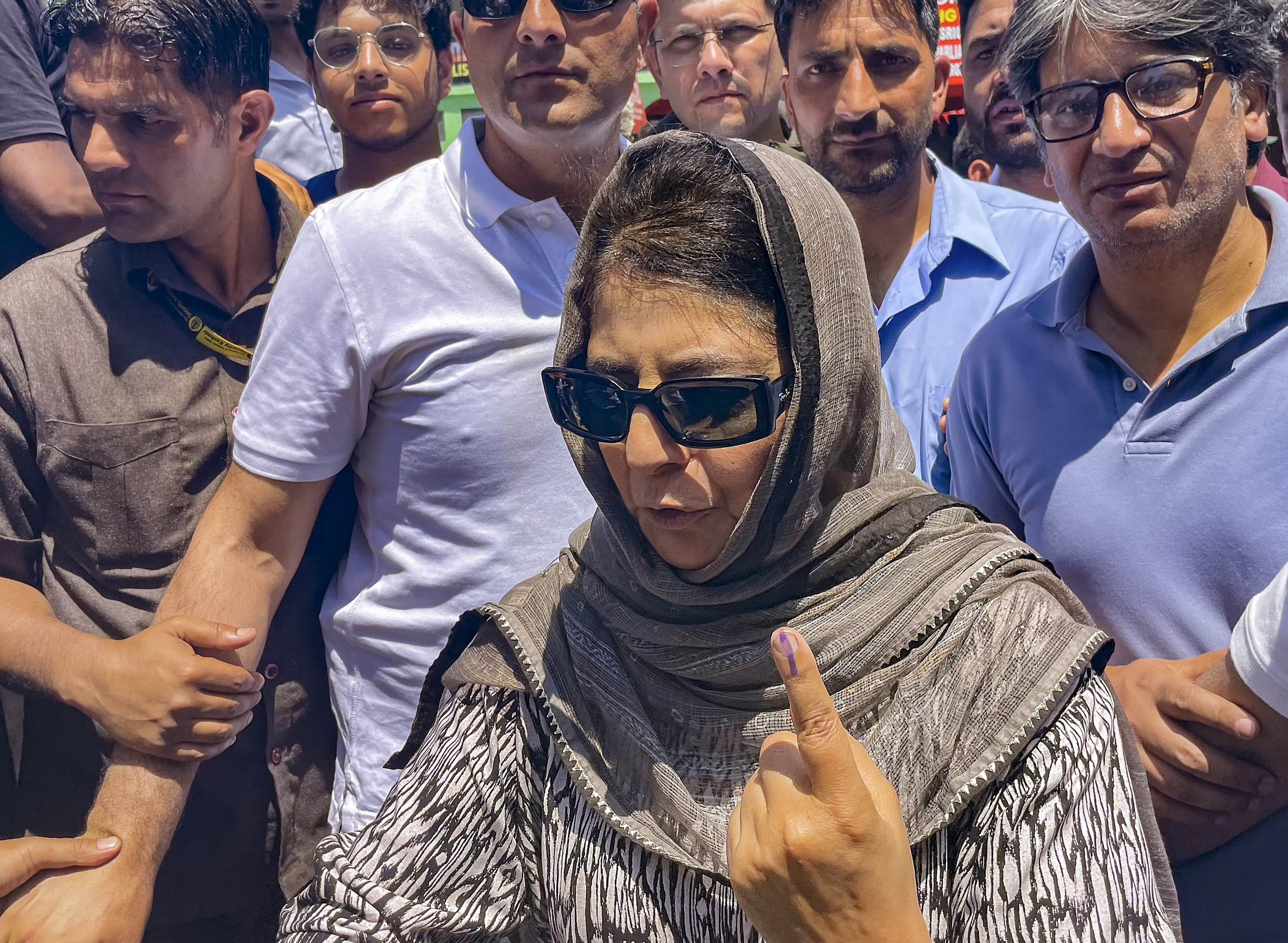 People's Democratic Party (PDP) President and candidate from Anantnag-Rajouri constituency Mehbooba Mufi after casting her vote during the sixth phase of Lok Sabha elections, at Bijbehara in Anantnag district, on Saturday.