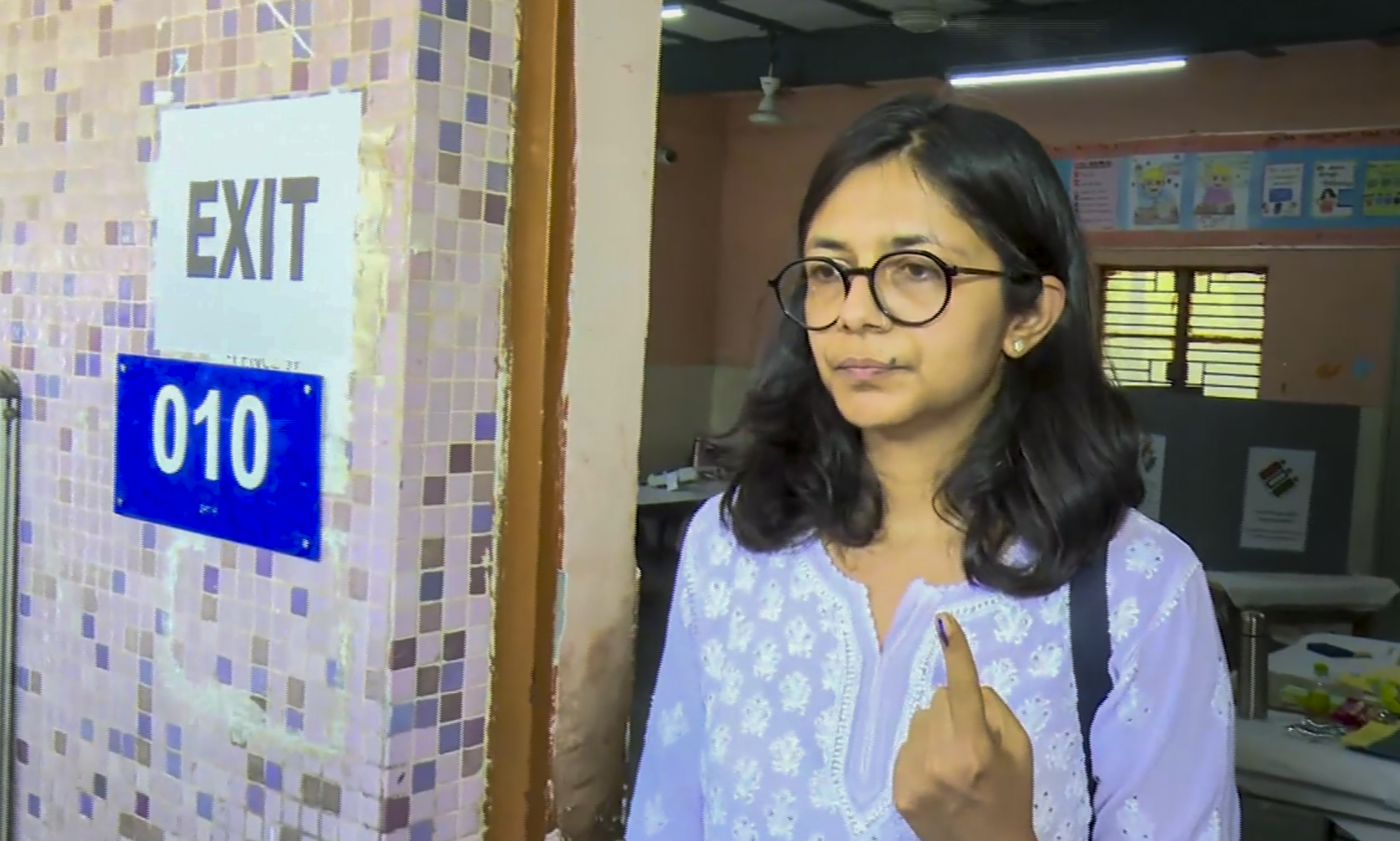 Rajya Sabha MP Swati Maliwal after casting her vote at a polling booth during the sixth phase of Lok Sabha elections, in New Delhi, on Saturday.