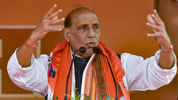 Union Defence Minister Rajnath Singh addresses a public meeting for Lok Sabha elections.