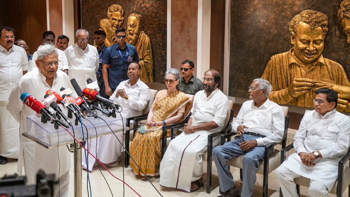 CPI(M) leader Sitaram Yechury speaks with the media as senior Congress leader Sonia Gandhi, DMK leaders T R Baalu and Tiruchi Siva, CPI leader D Raja and Samajwadi Party leader Ram Gopal Yadav look on during a ceremony to pay tribute to former Tamil Nadu chief minister M Karunanidhi on his birth anniversary.