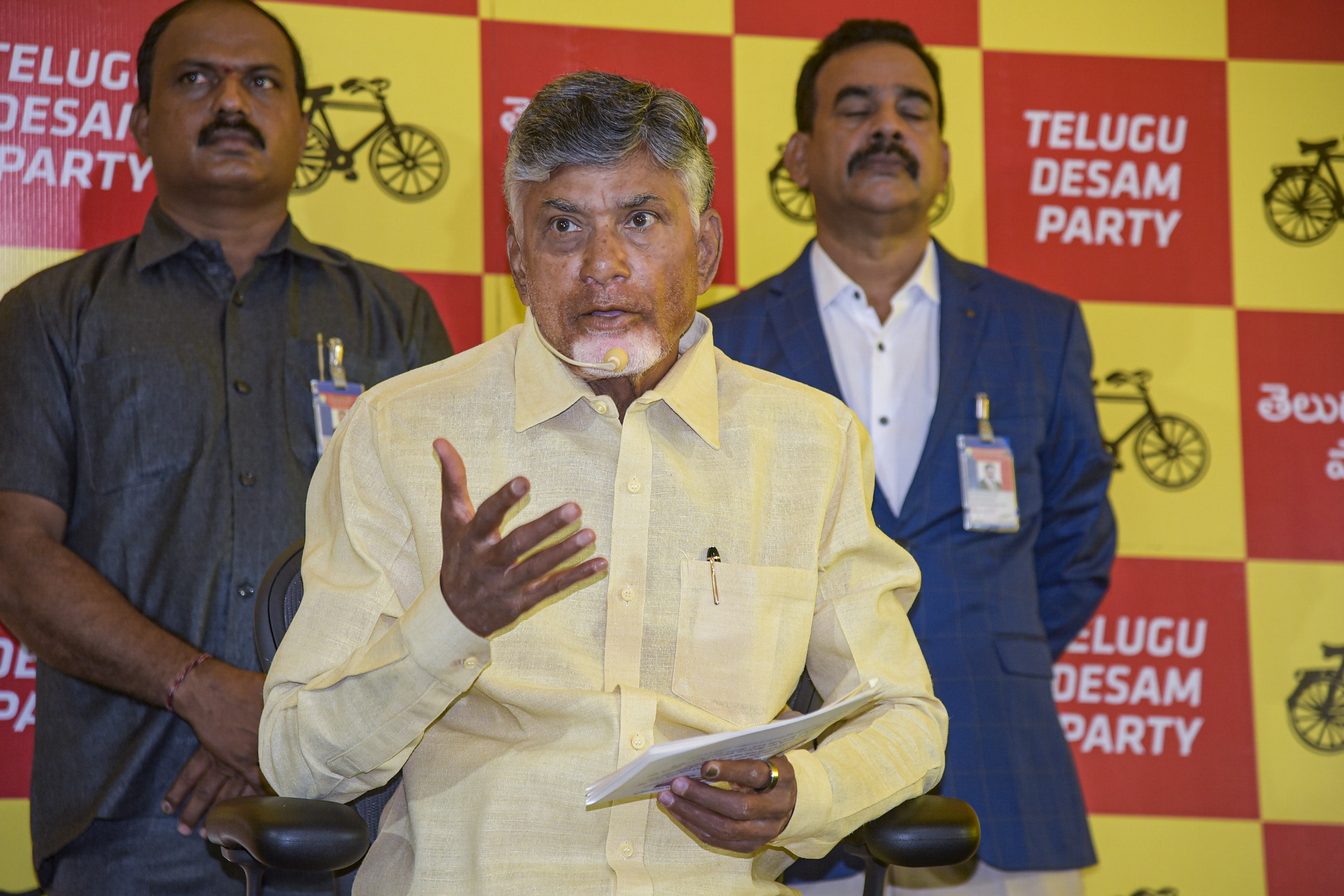Telugu Desam Party (TDP) President Chandrababu Naidu addresses a press conference after the party’s victory in the Lok Sabha elections, in Amravati, Wednesday.