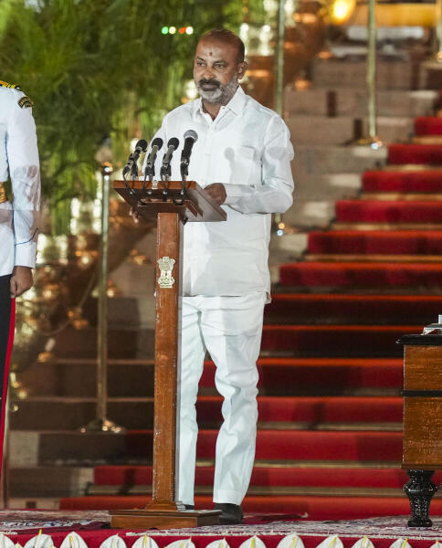 BJP MP Bandi Sanjay Kumar takes oath as minister at the swearing-in ceremony of the new Union government at Rashtrapati Bhavan, in New Delhi.